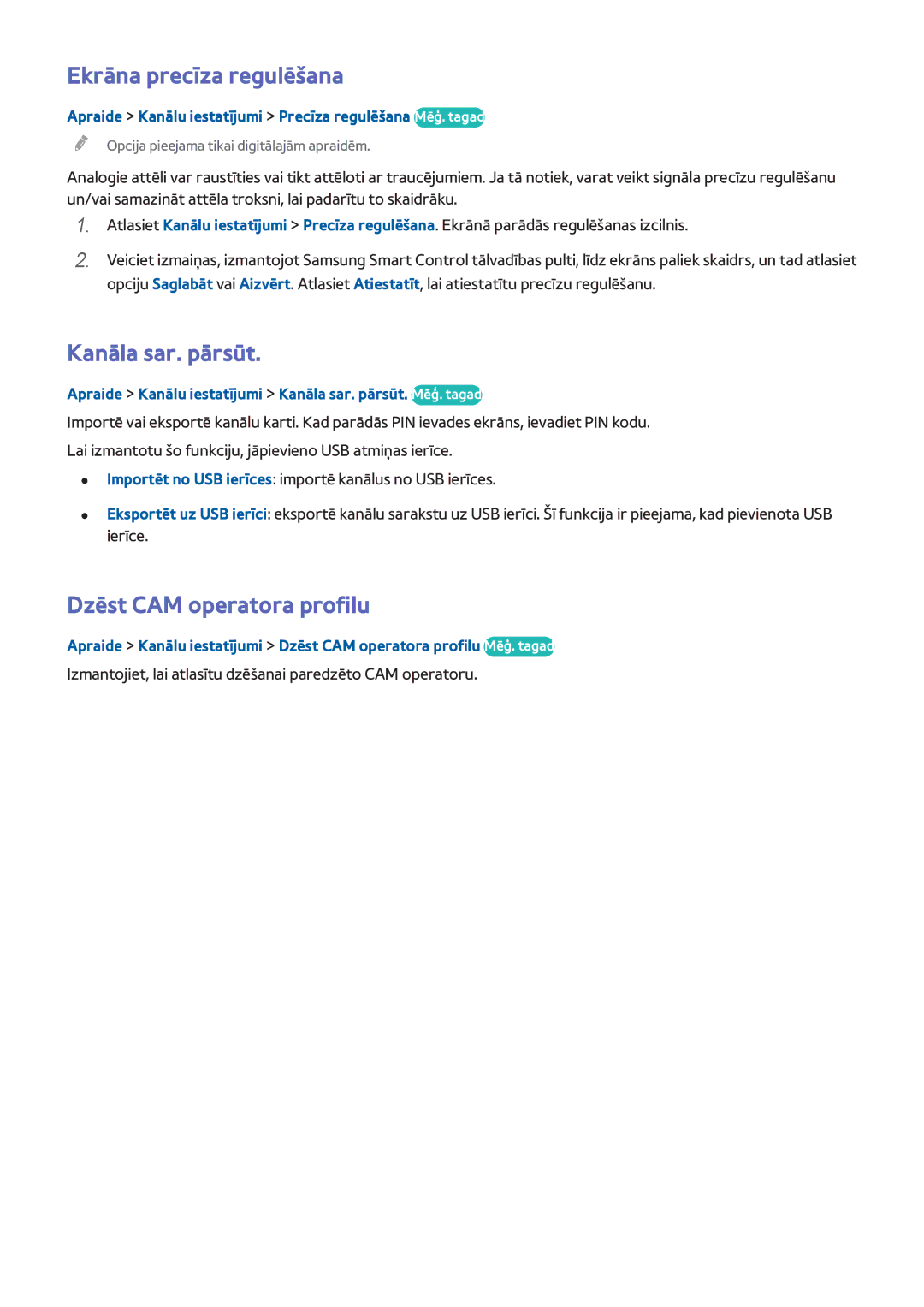 Samsung UE40H6690SVXZG manual Ekrāna precīza regulēšana, Kanāla sar. pārsūt, Dzēst CAM operatora profilu 