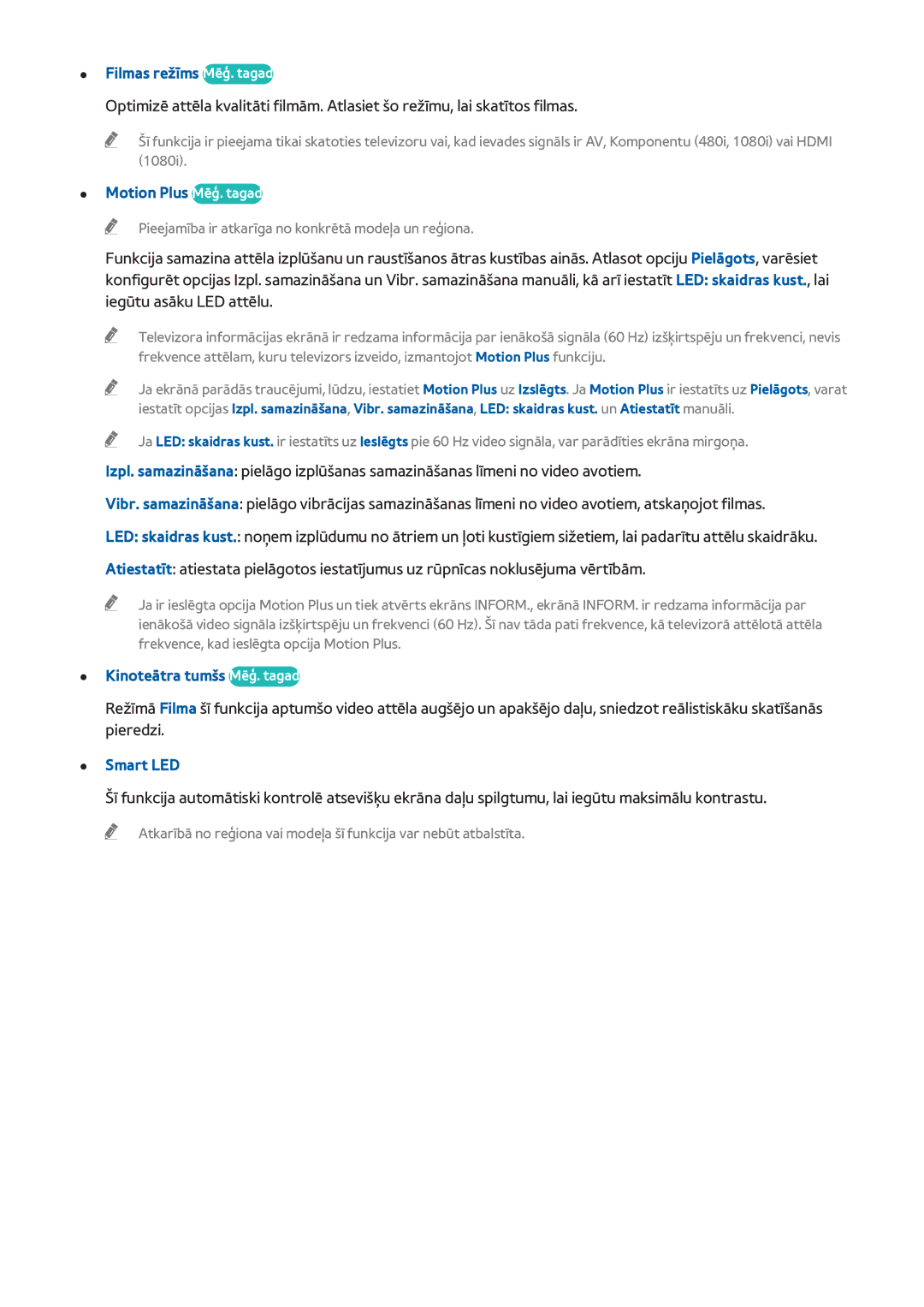 Samsung UE40H6690SVXZG manual Filmas režīms Mēģ. tagad, Motion Plus Mēģ. tagad, Kinoteātra tumšs Mēģ. tagad, Smart LED 
