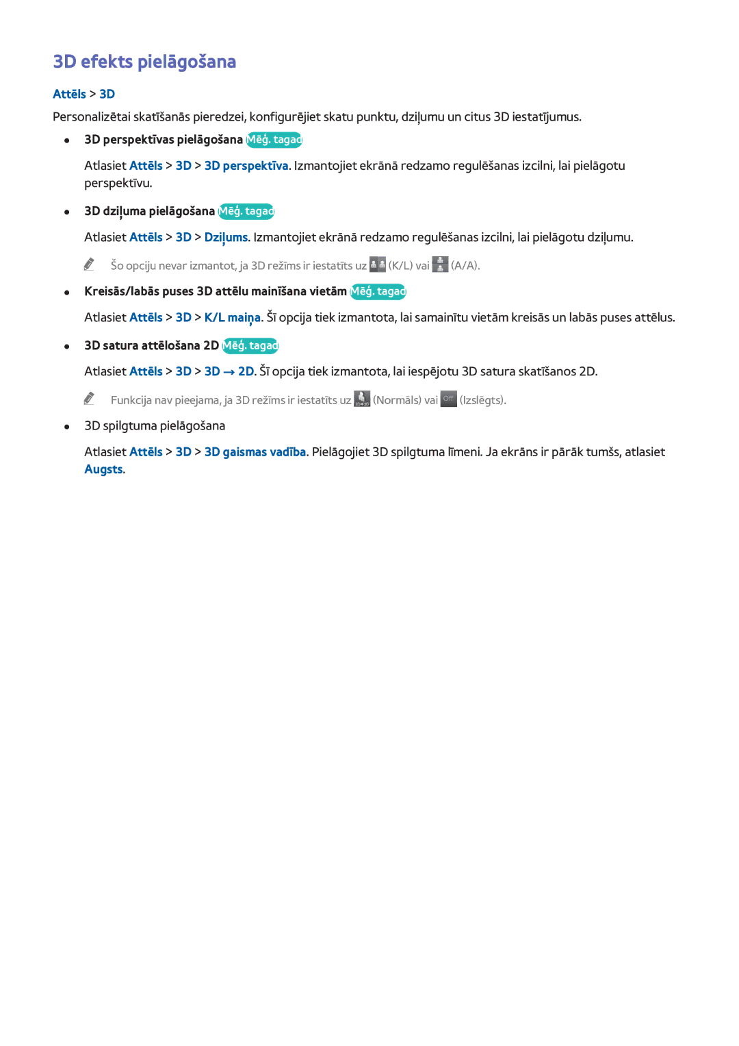 Samsung UE40H6690SVXZG manual 3D efekts pielāgošana, Attēls 3D 