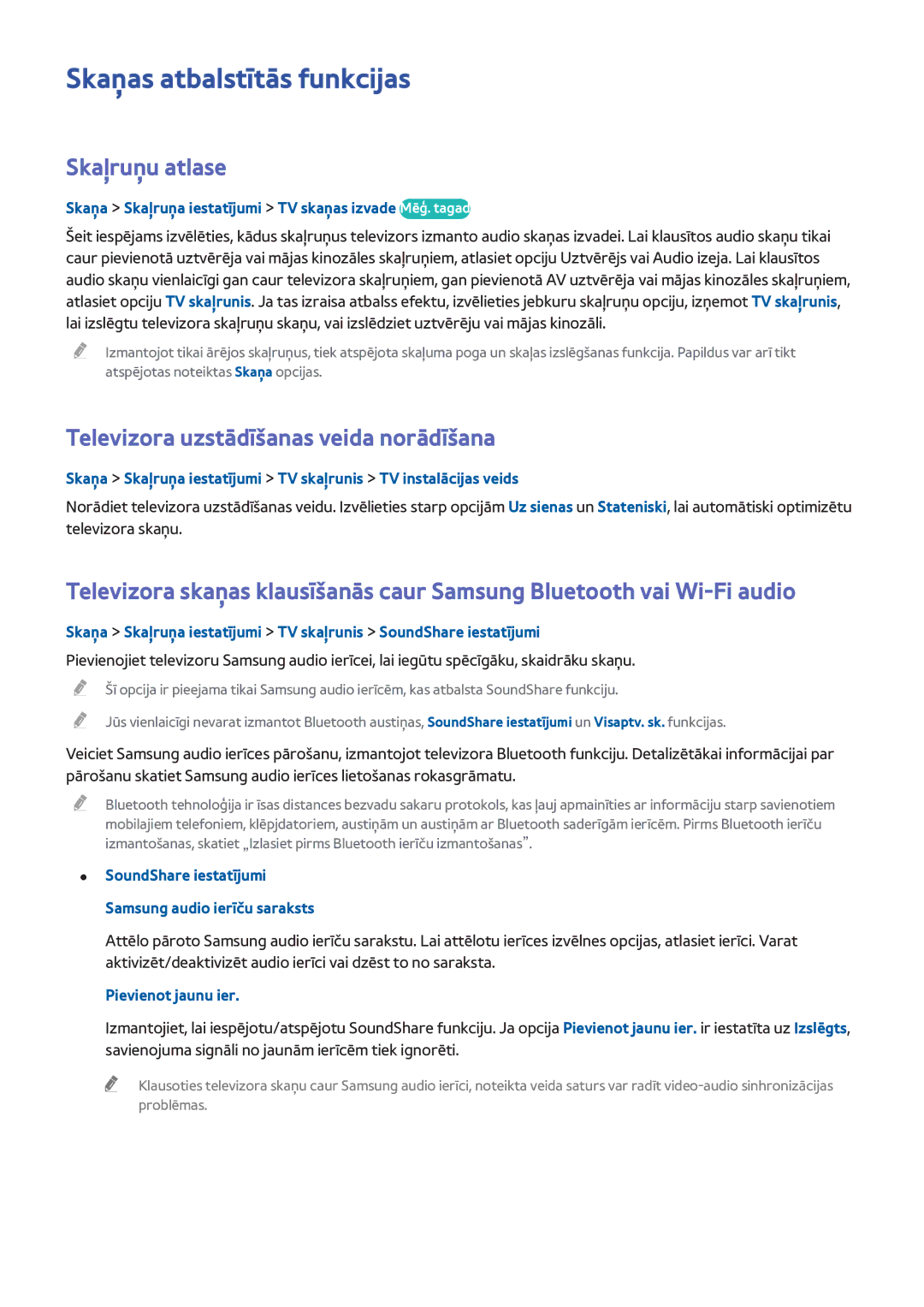 Samsung UE40H6690SVXZG manual Skaņas atbalstītās funkcijas, Skaļruņu atlase, Televizora uzstādīšanas veida norādīšana 