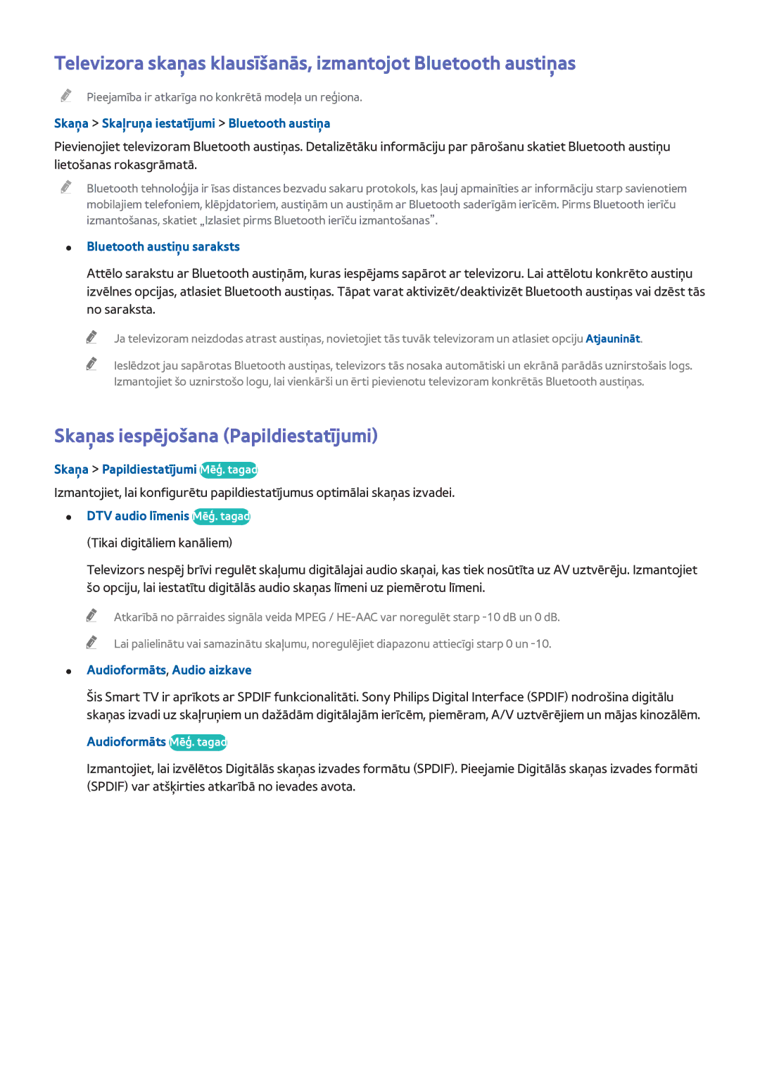 Samsung UE40H6690SVXZG manual Skaņas iespējošana Papildiestatījumi 