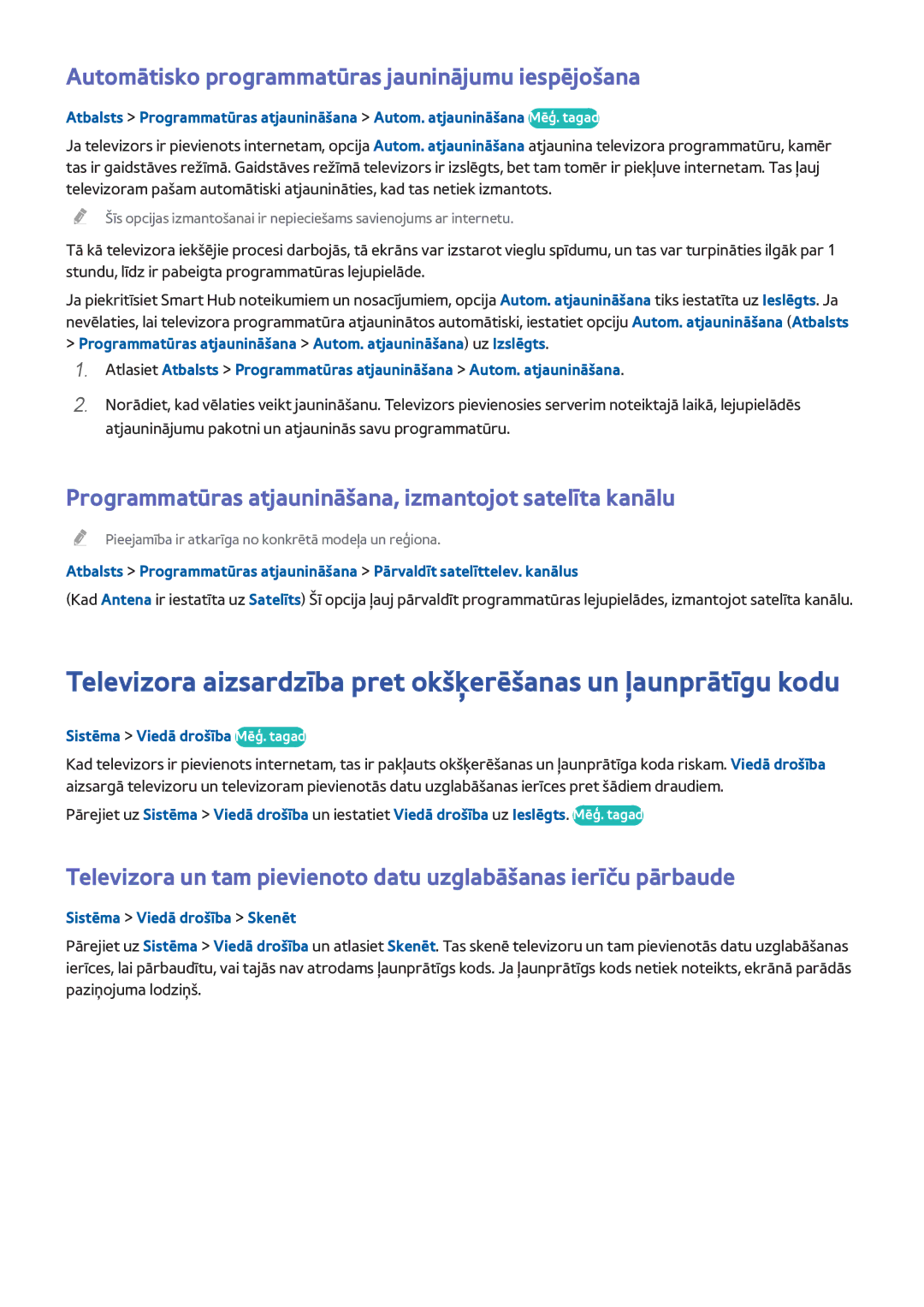 Samsung UE40H6690SVXZG manual Automātisko programmatūras jauninājumu iespējošana, Sistēma Viedā drošība Mēģ. tagad 