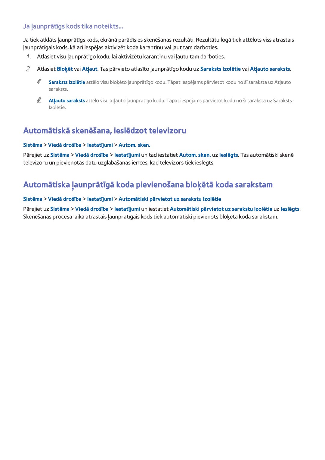 Samsung UE40H6690SVXZG manual Automātiskā skenēšana, ieslēdzot televizoru, Ja ļaunprātīgs kods tika noteikts 