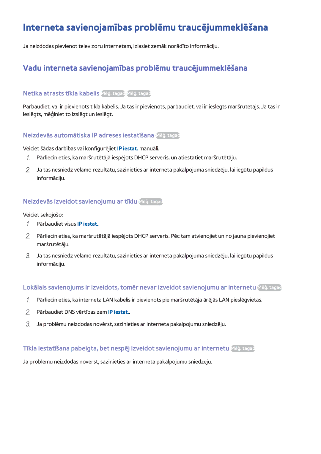 Samsung UE40H6690SVXZG manual Interneta savienojamības problēmu traucējummeklēšana 