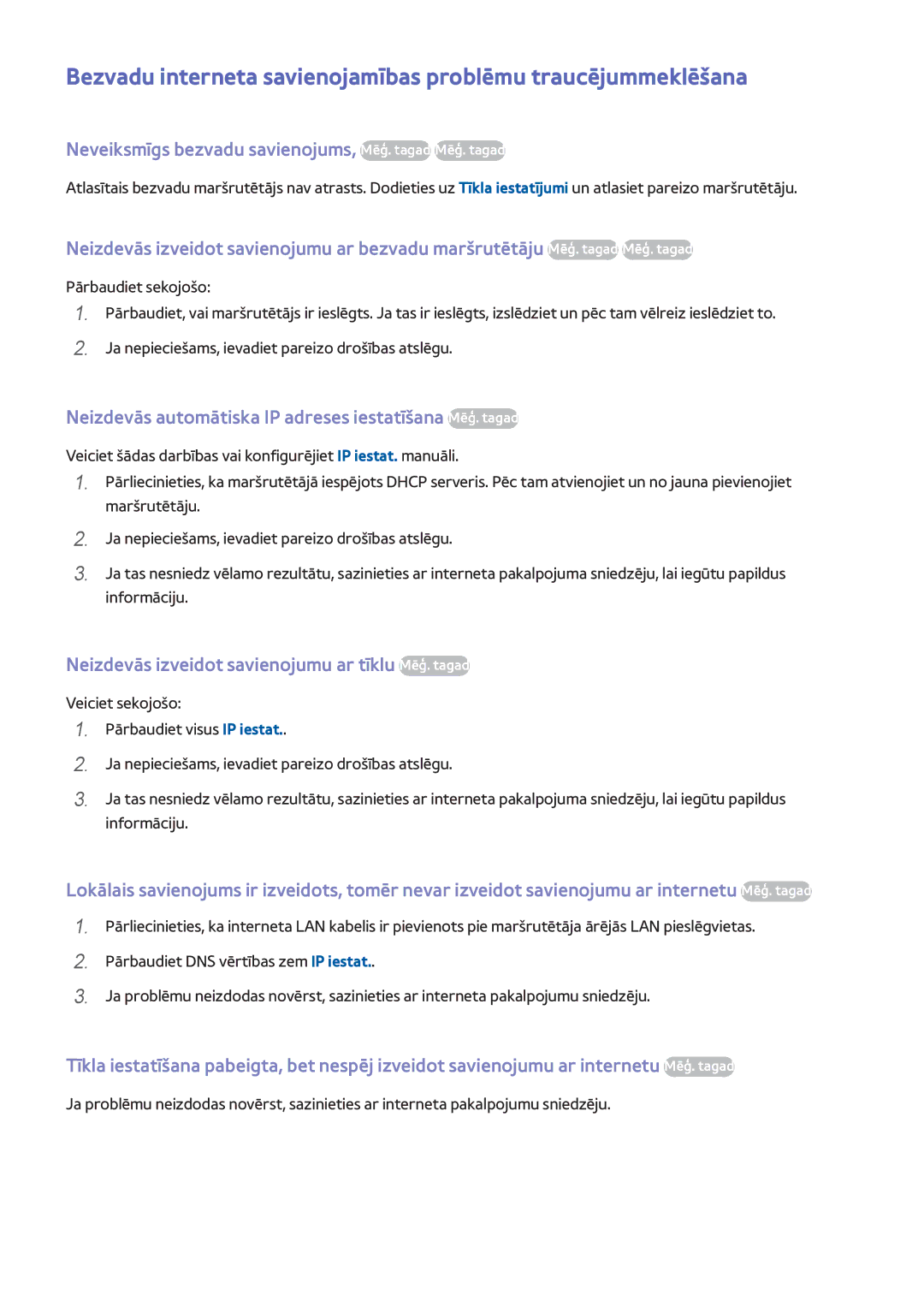 Samsung UE40H6690SVXZG manual Bezvadu interneta savienojamības problēmu traucējummeklēšana 