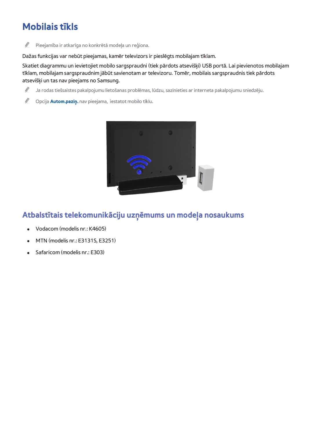 Samsung UE40H6690SVXZG manual Mobilais tīkls, Atbalstītais telekomunikāciju uzņēmums un modeļa nosaukums 