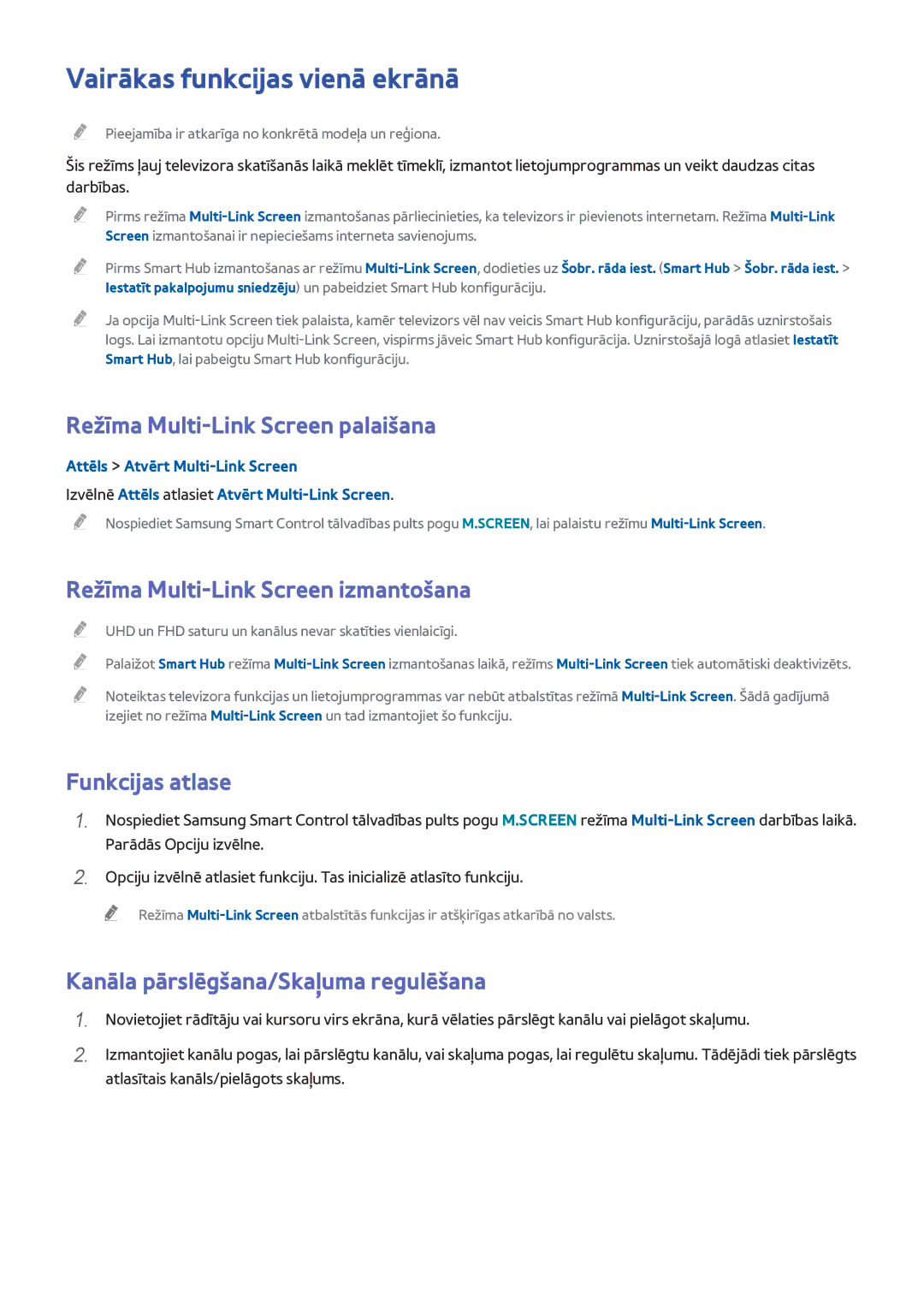 Samsung UE40H6690SVXZG manual Vairākas funkcijas vienā ekrānā, Režīma Multi-Link Screen palaišana, Funkcijas atlase 