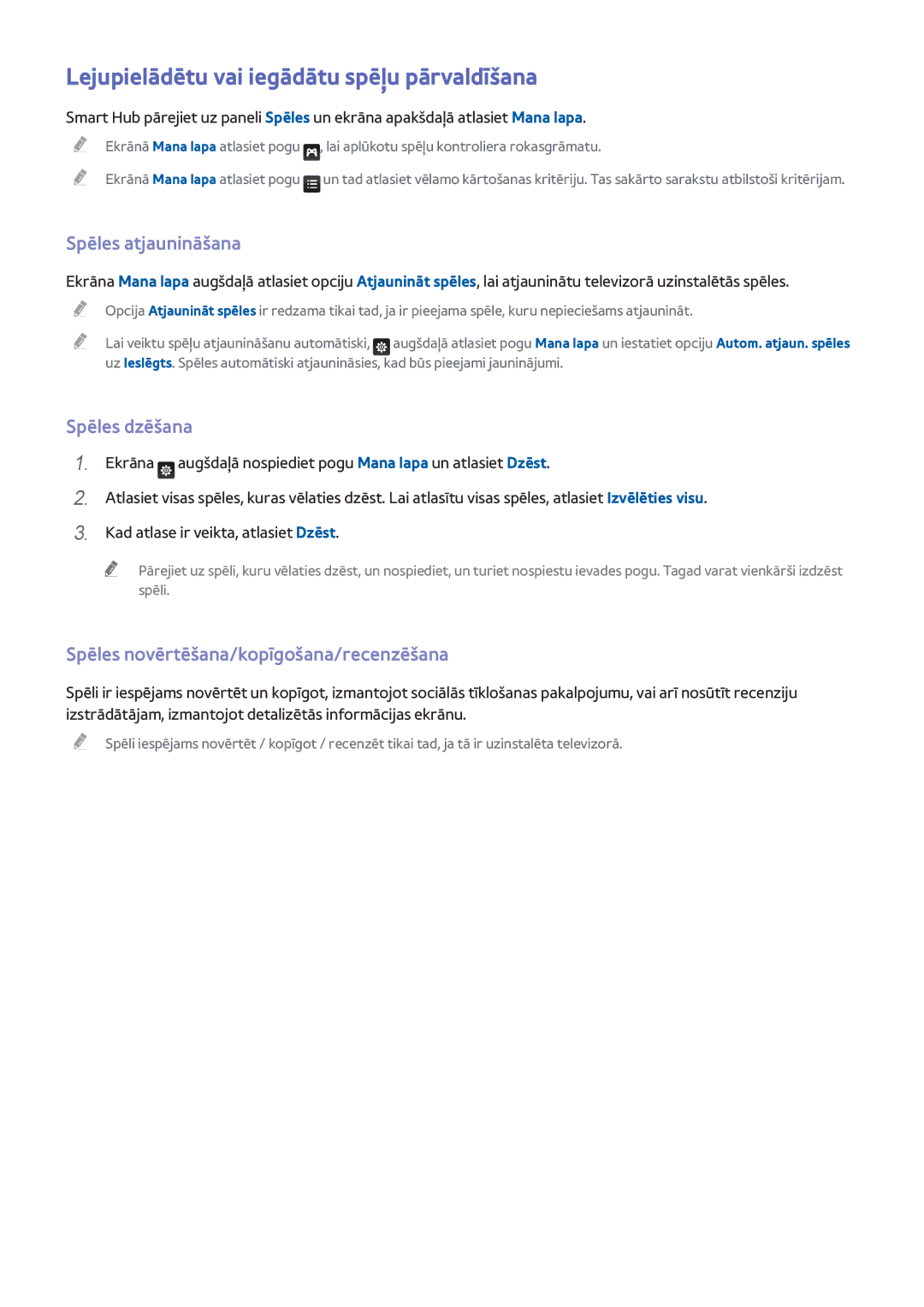 Samsung UE40H6690SVXZG manual Lejupielādētu vai iegādātu spēļu pārvaldīšana, Spēles atjaunināšana, Spēles dzēšana 