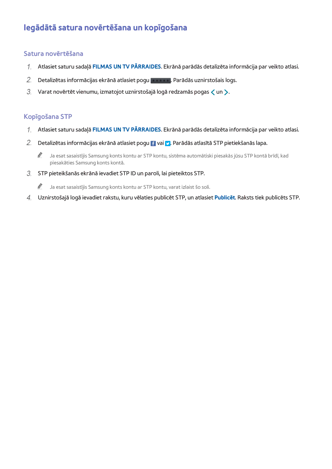 Samsung UE40H6690SVXZG manual Iegādātā satura novērtēšana un kopīgošana, Satura novērtēšana, Kopīgošana STP 