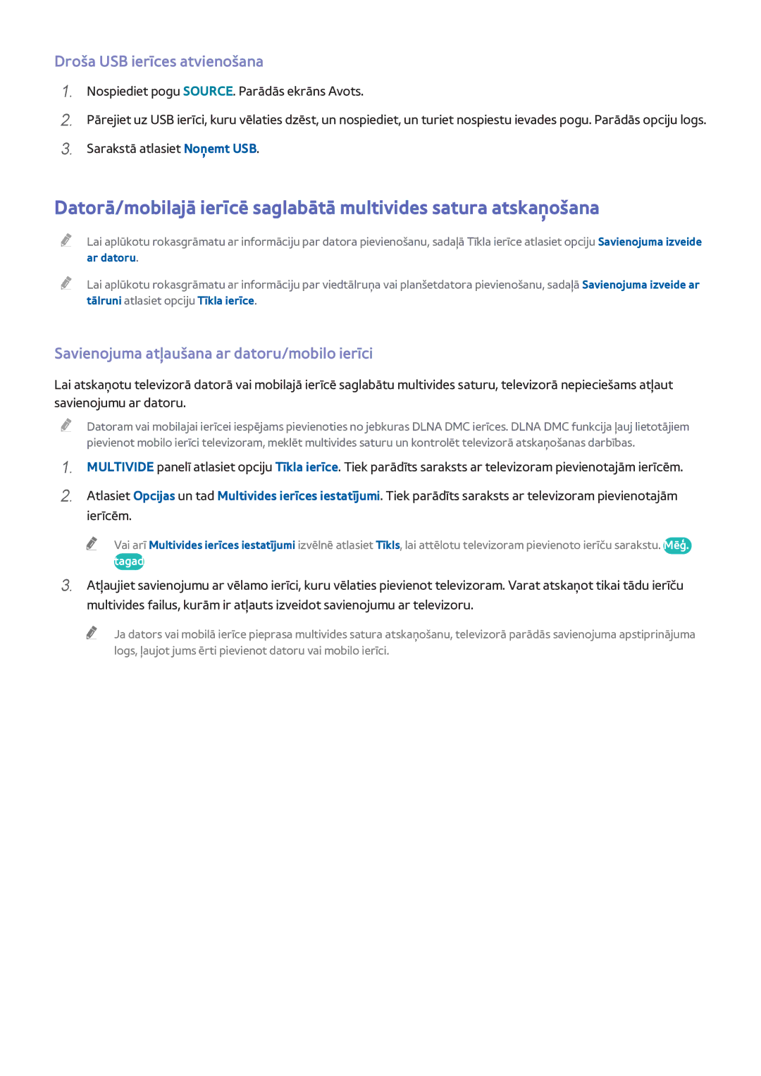 Samsung UE40H6690SVXZG manual Droša USB ierīces atvienošana, Savienojuma atļaušana ar datoru/mobilo ierīci 