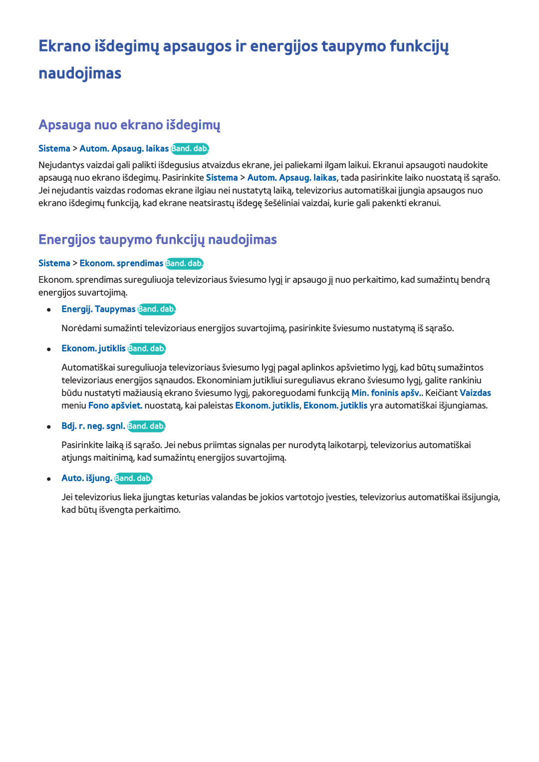 Samsung UE40H6690SVXZG manual Apsauga nuo ekrano išdegimų, Energijos taupymo funkcijų naudojimas 