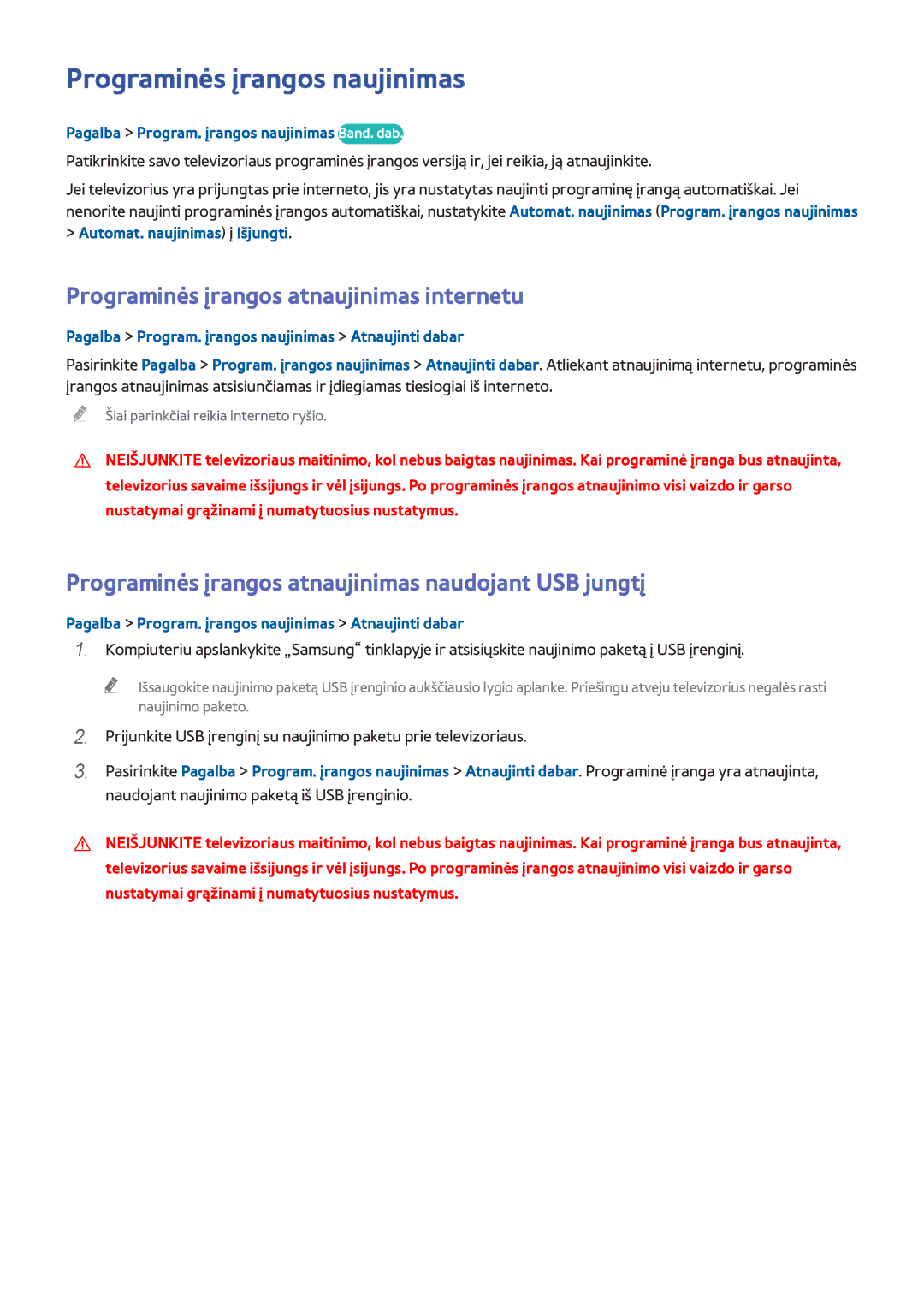 Samsung UE40H6690SVXZG manual Programinės įrangos naujinimas, Programinės įrangos atnaujinimas internetu 