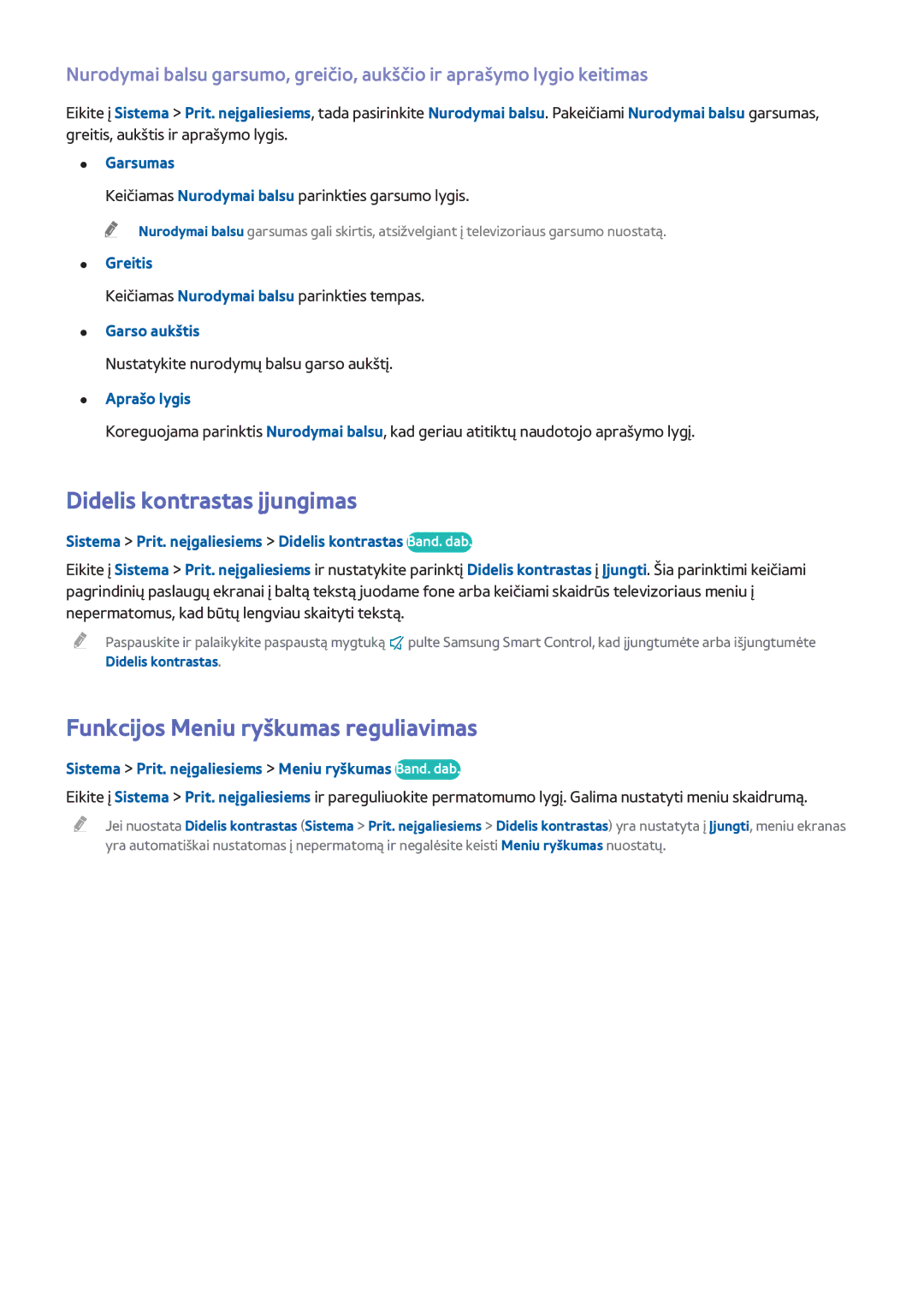 Samsung UE40H6690SVXZG manual Didelis kontrastas įjungimas, Funkcijos Meniu ryškumas reguliavimas 