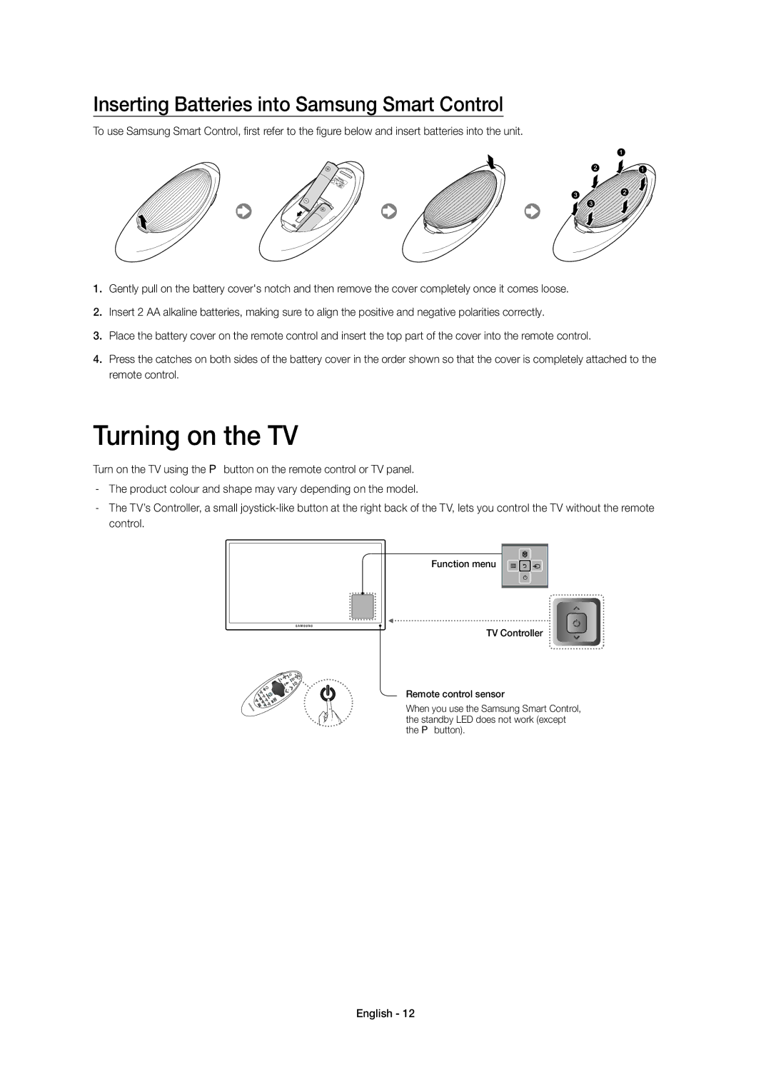 Samsung UE40H7005SQXXE, UE55H7005SQXXE, UE46H7005SQXXE Turning on the TV, Inserting Batteries into Samsung Smart Control 