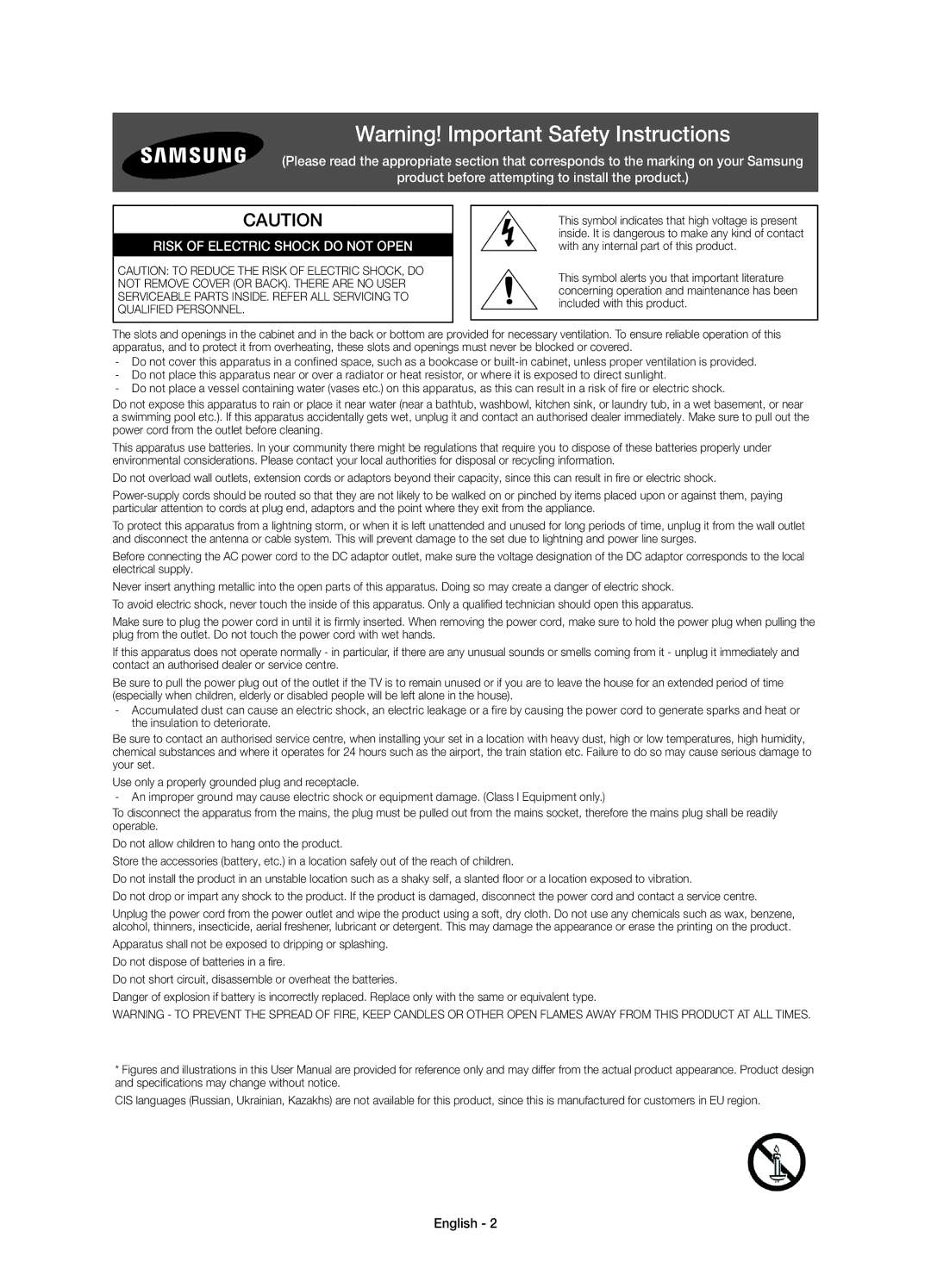 Samsung UE46H7005SQXXE, UE40H7005SQXXE, UE55H7005SQXXE, UE60H7005SQXXE manual Risk of Electric Shock do not Open, English 