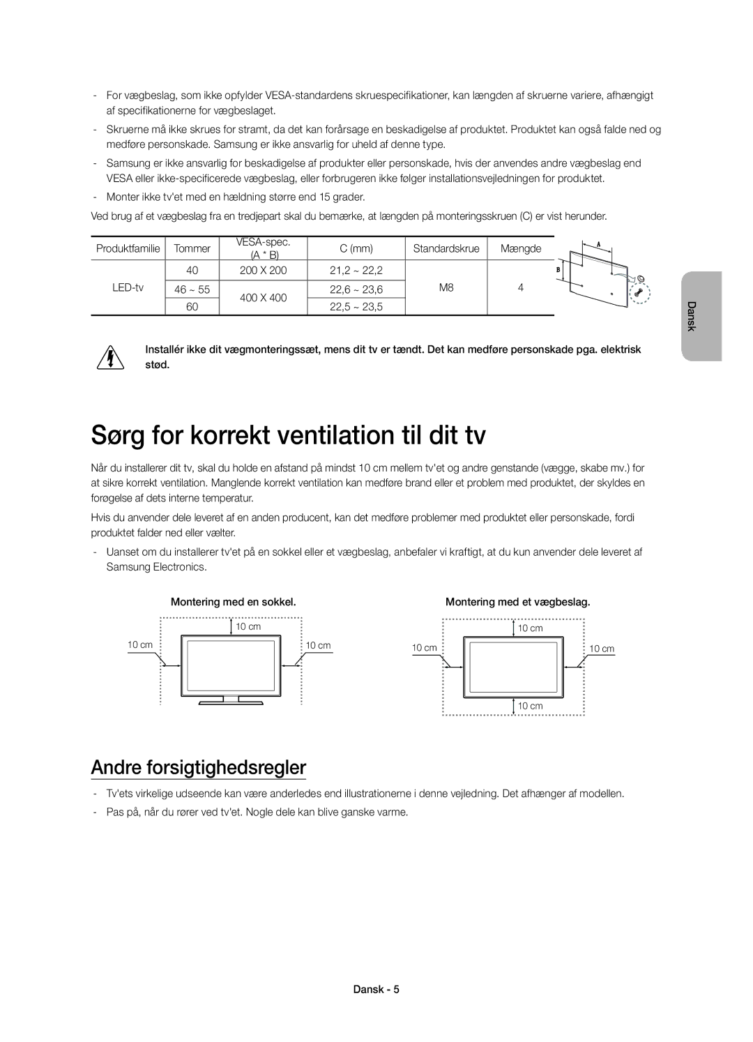 Samsung UE55H7005SQXXE, UE40H7005SQXXE manual Sørg for korrekt ventilation til dit tv, Andre forsigtighedsregler, Tommer 