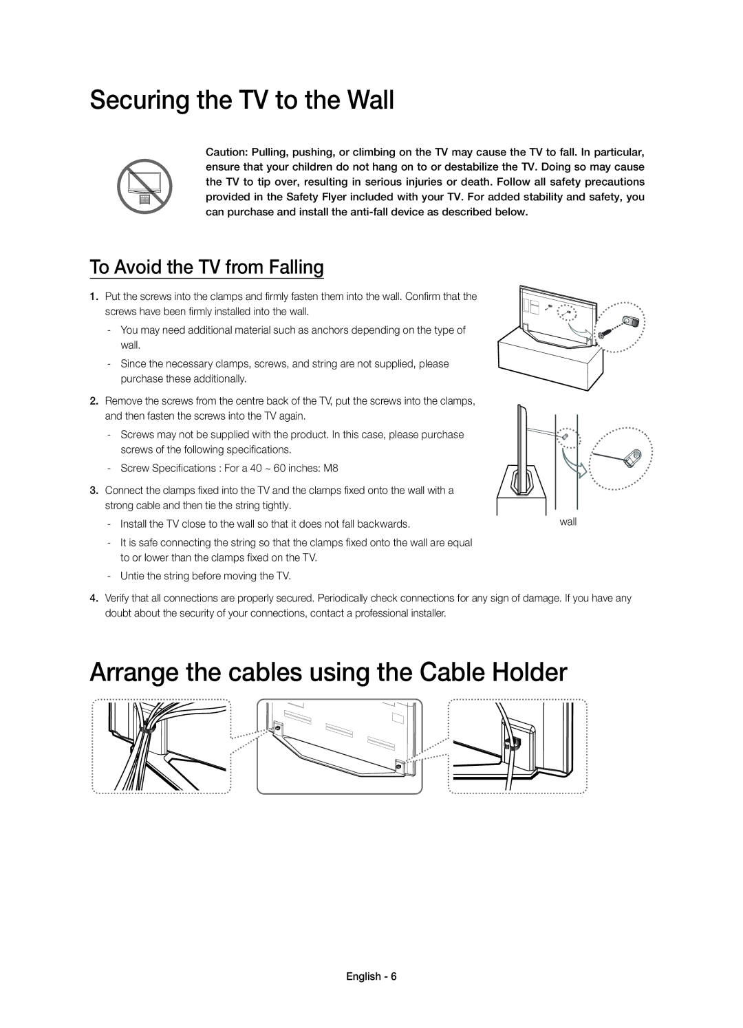 Samsung UE46H7005SQXXE, UE40H7005SQXXE manual Securing the TV to the Wall, Arrange the cables using the Cable Holder 