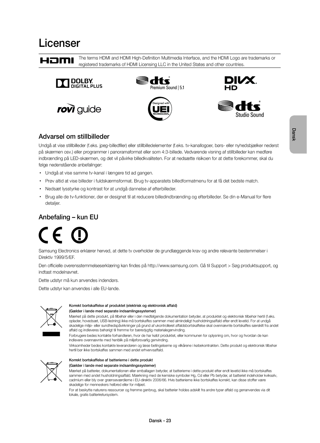 Samsung UE60H7005SQXXE, UE40H7005SQXXE, UE55H7005SQXXE, UE46H7005SQXXE manual Anbefaling kun EU, Detaljer 