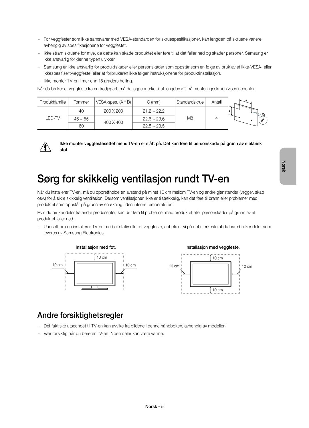 Samsung UE60H7005SQXXE, UE40H7005SQXXE manual Sørg for skikkelig ventilasjon rundt TV-en, Andre forsiktighetsregler, Antall 