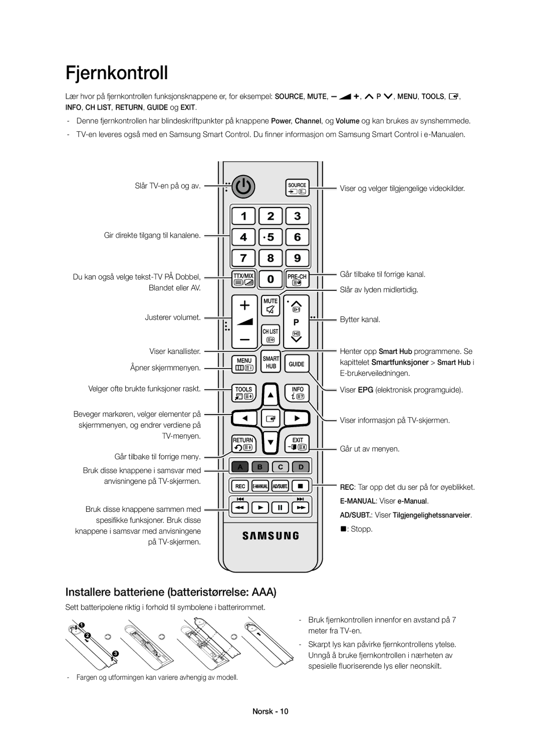 Samsung UE40H7005SQXXE, UE55H7005SQXXE, UE46H7005SQXXE manual Fjernkontroll, Installere batteriene batteristørrelse AAA 