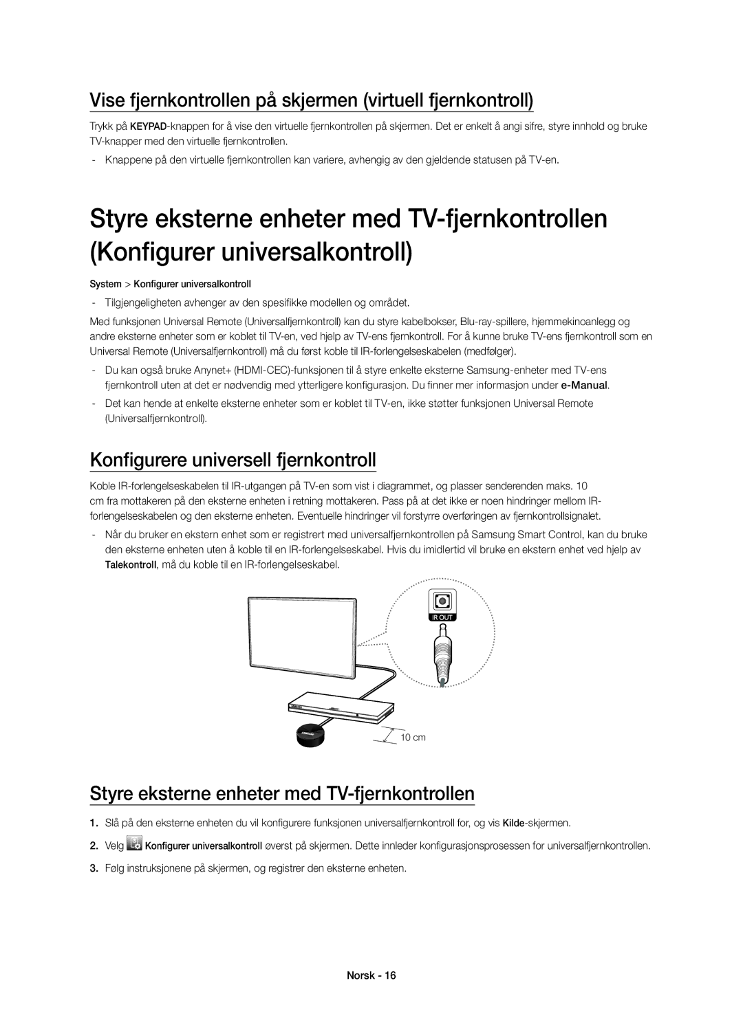 Samsung UE46H7005SQXXE manual Vise fjernkontrollen på skjermen virtuell fjernkontroll, Konfigurere universell fjernkontroll 