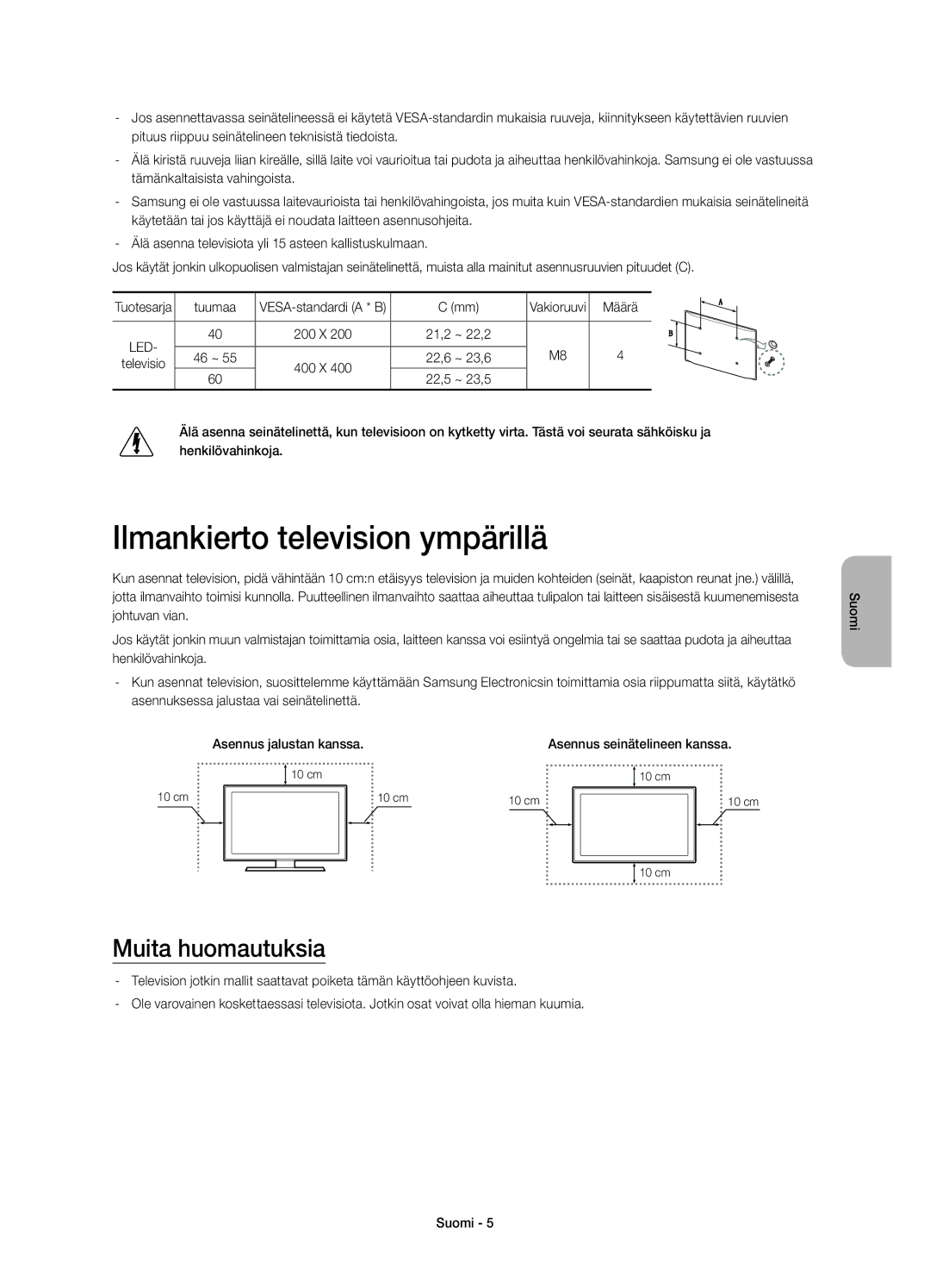 Samsung UE55H7005SQXXE, UE40H7005SQXXE, UE46H7005SQXXE Ilmankierto television ympärillä, Muita huomautuksia, Tuumaa, Määrä 