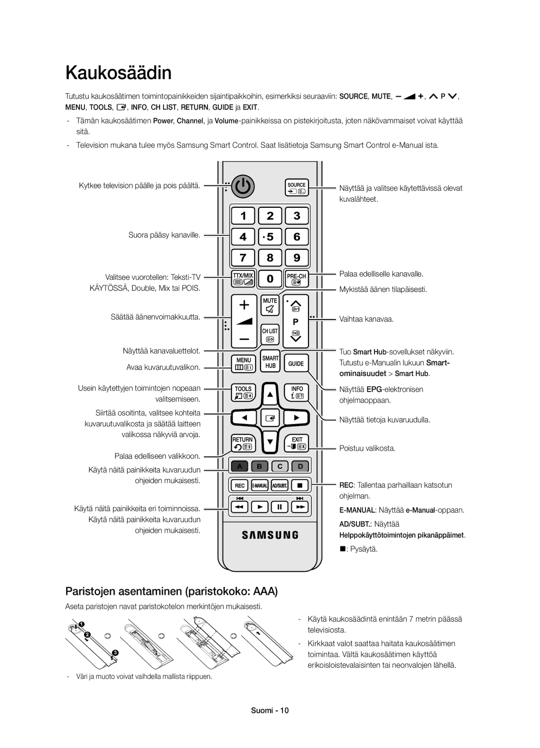 Samsung UE46H7005SQXXE, UE40H7005SQXXE, UE55H7005SQXXE, UE60H7005SQXXE Kaukosäädin, Paristojen asentaminen paristokoko AAA 