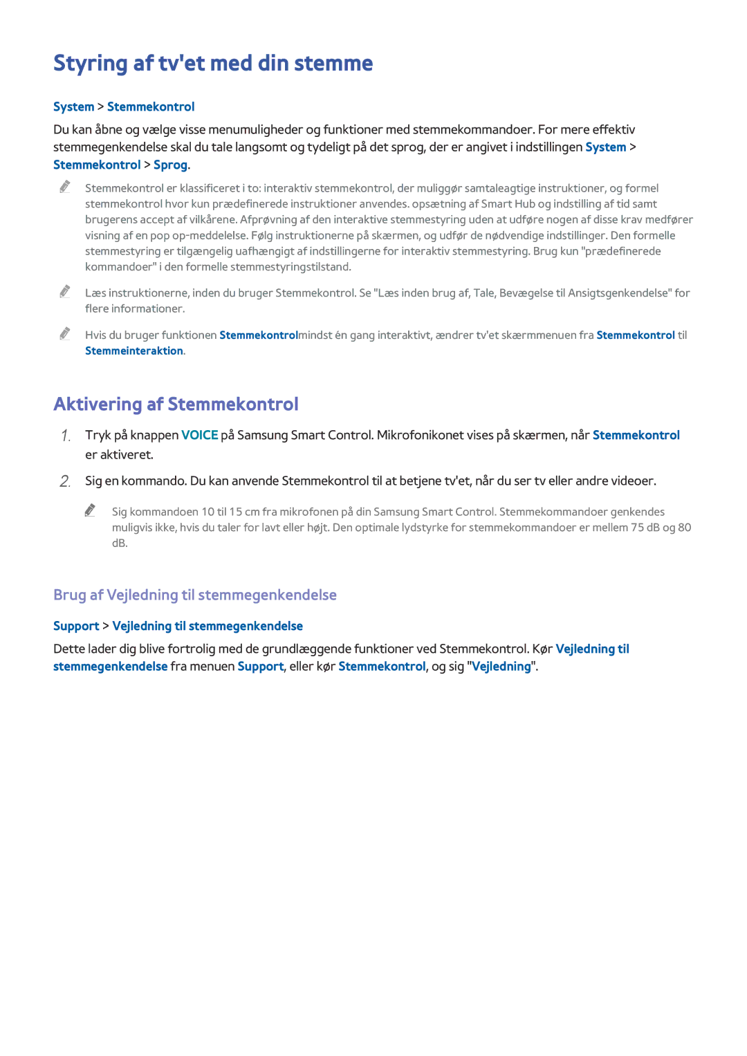 Samsung UE55HU7105UXXE, UE40HU6905UXXE Styring af tvet med din stemme, Aktivering af Stemmekontrol, System Stemmekontrol 