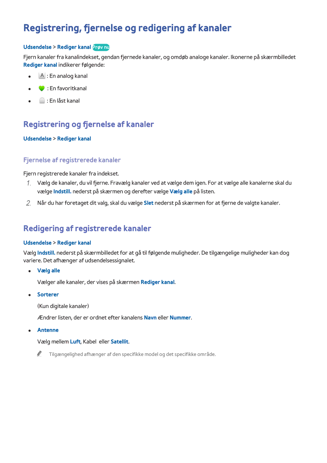 Samsung UE55HU7105UXXE manual Registrering, fjernelse og redigering af kanaler, Registrering og fjernelse af kanaler 