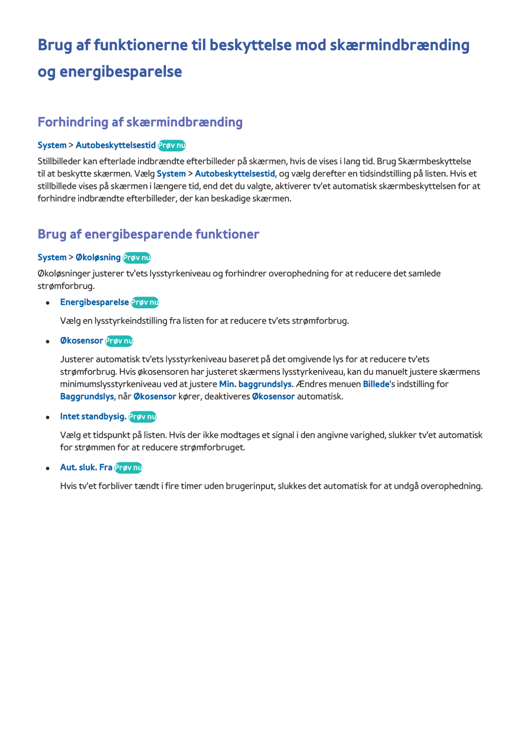 Samsung UE55HU7505TXXE, UE40HU6905UXXE, UE55HU8205TXXE Forhindring af skærmindbrænding, Brug af energibesparende funktioner 
