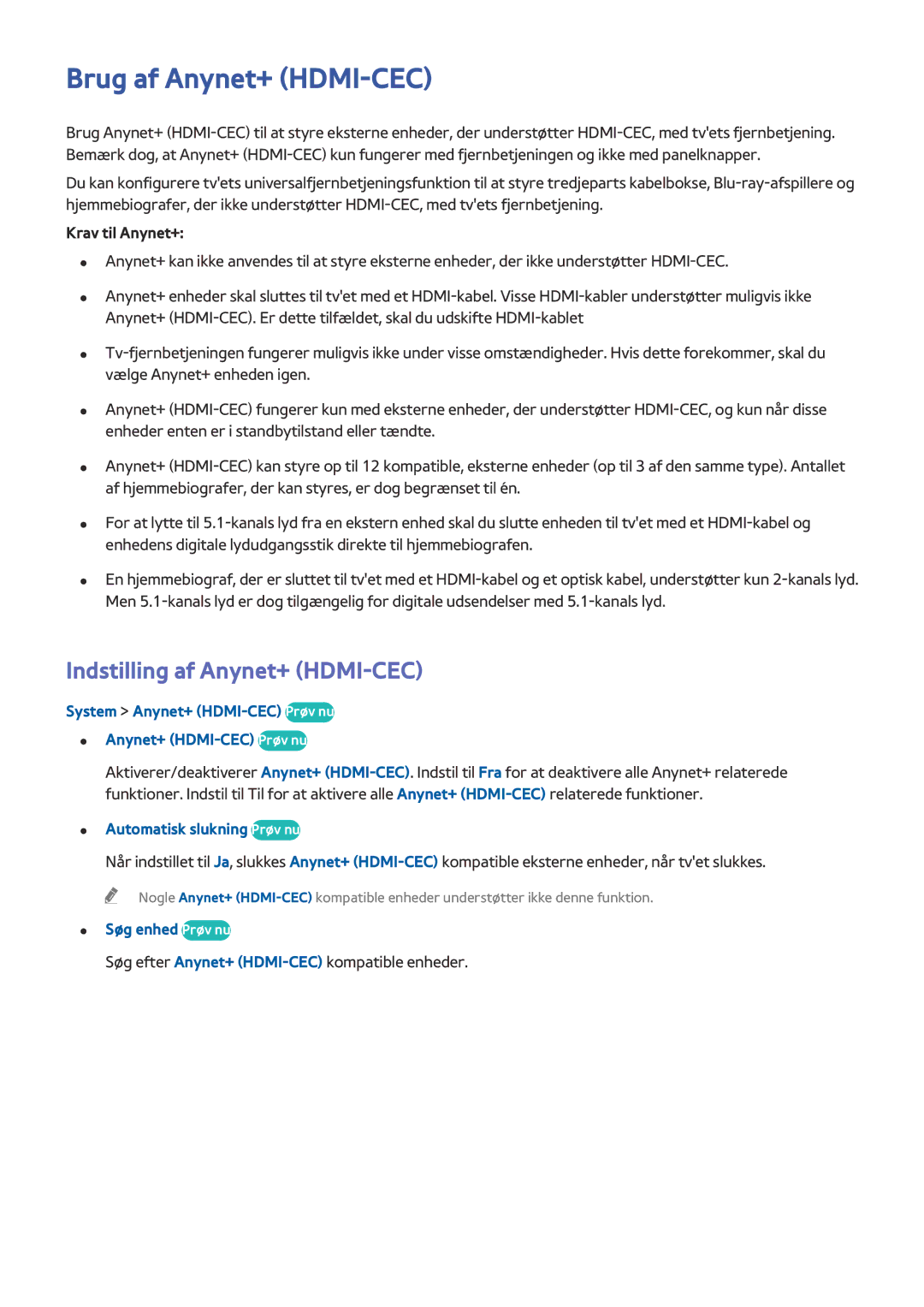 Samsung UE55HU6905UXXE manual Brug af Anynet+ HDMI-CEC, Indstilling af Anynet+ HDMI-CEC, Automatisk slukning Prøv nu 