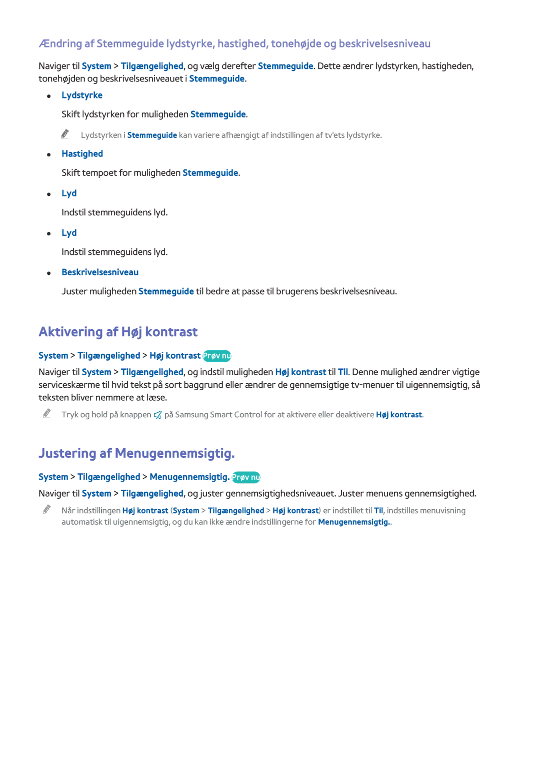 Samsung UE48HU7505TXXE, UE40HU6905UXXE, UE55HU8205TXXE manual Aktivering af Høj kontrast, Justering af Menugennemsigtig 