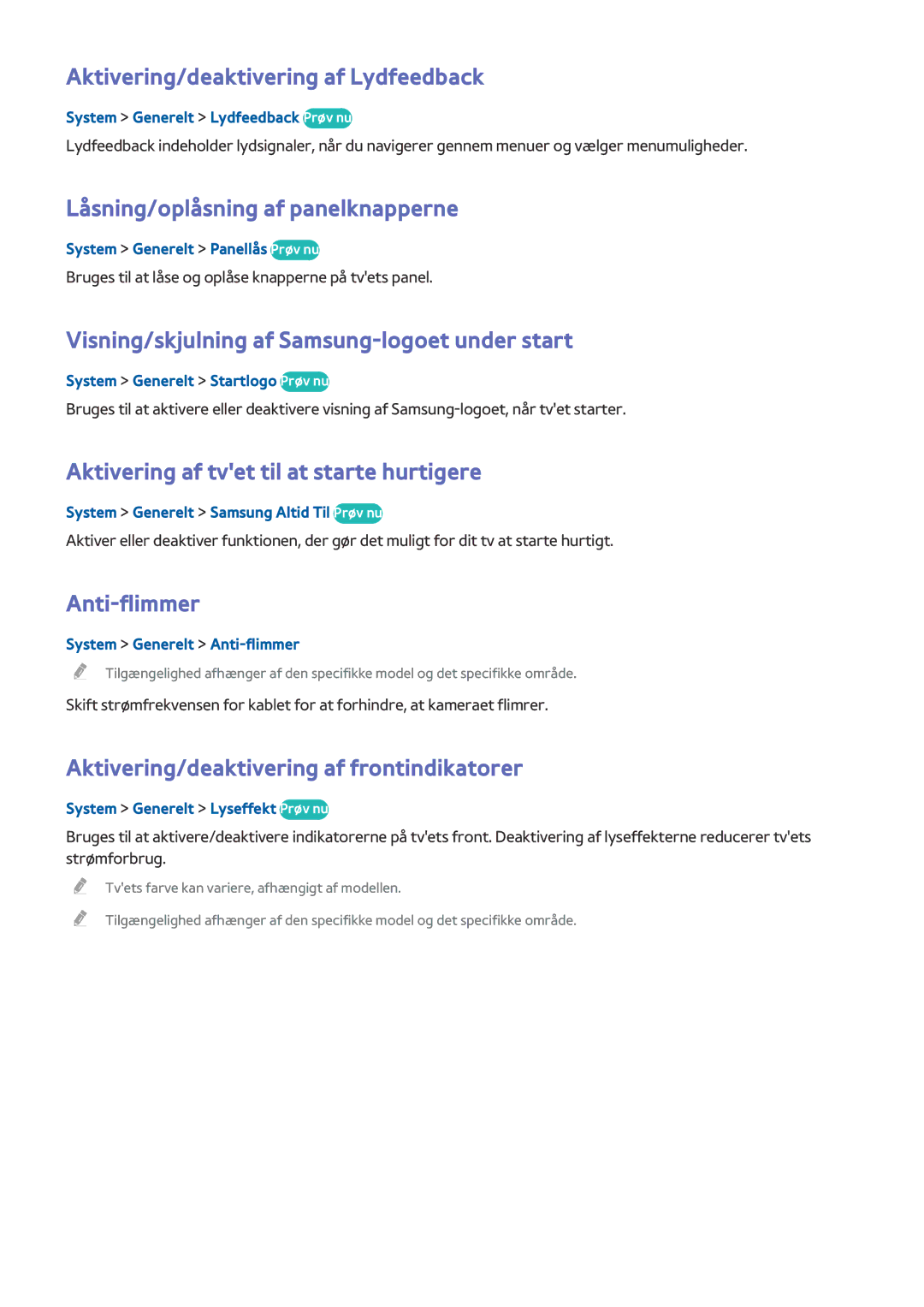 Samsung UE65HU7205UXXE manual Aktivering/deaktivering af Lydfeedback, Låsning/oplåsning af panelknapperne, Anti-flimmer 