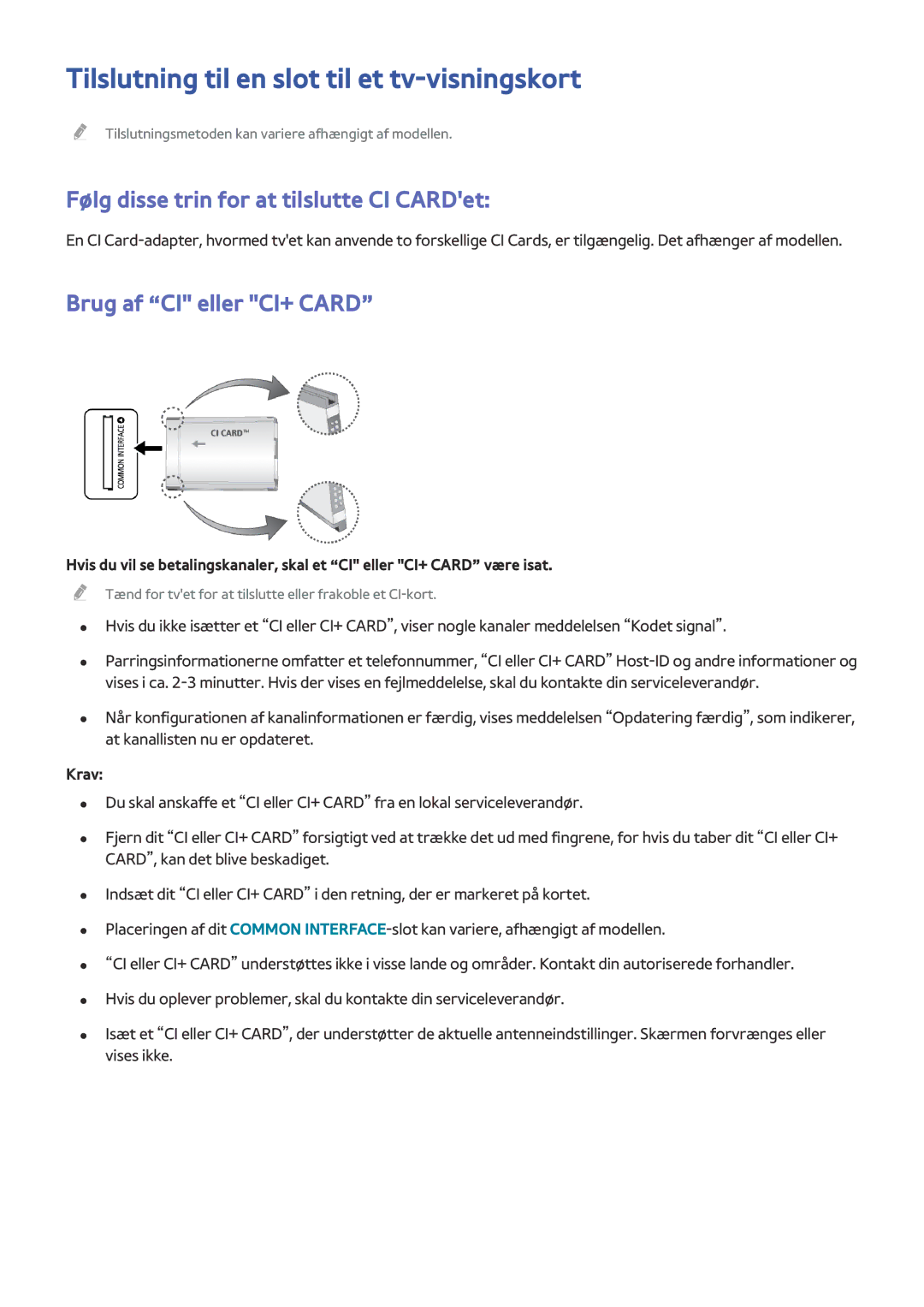 Samsung UE65HU8205TXXE manual Tilslutning til en slot til et tv-visningskort, Følg disse trin for at tilslutte CI CARDet 