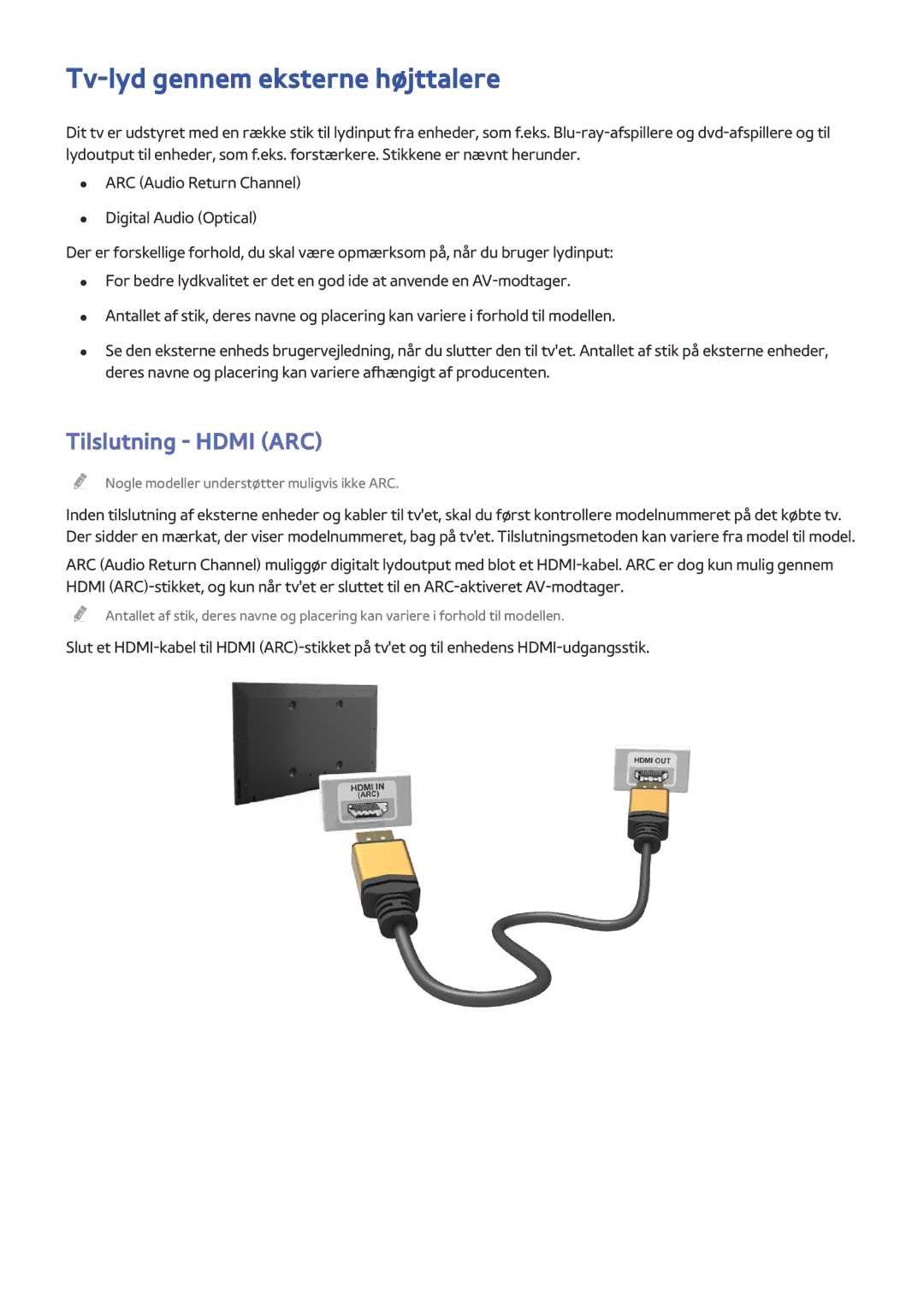 Samsung UE75HU7505TXXE, UE40HU6905UXXE, UE55HU8205TXXE manual Tv-lyd gennem eksterne højttalere, Tilslutning Hdmi ARC 