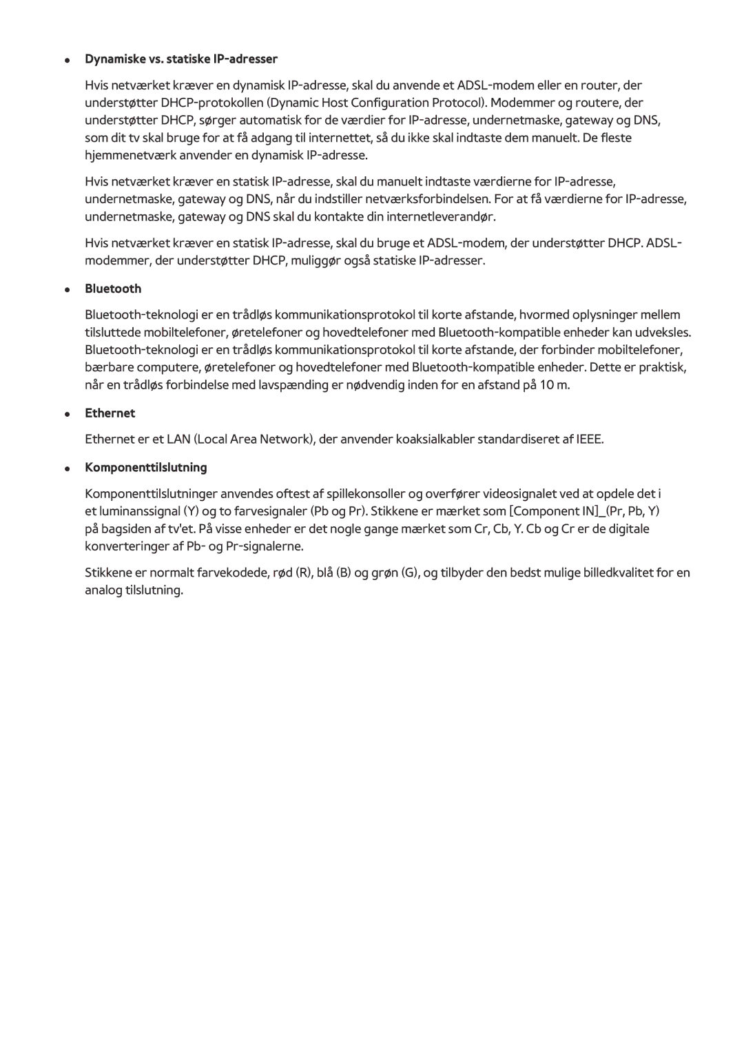 Samsung UE65HU7105UXXE, UE40HU6905UXXE manual Dynamiske vs. statiske IP-adresser, Bluetooth, Ethernet, Komponenttilslutning 