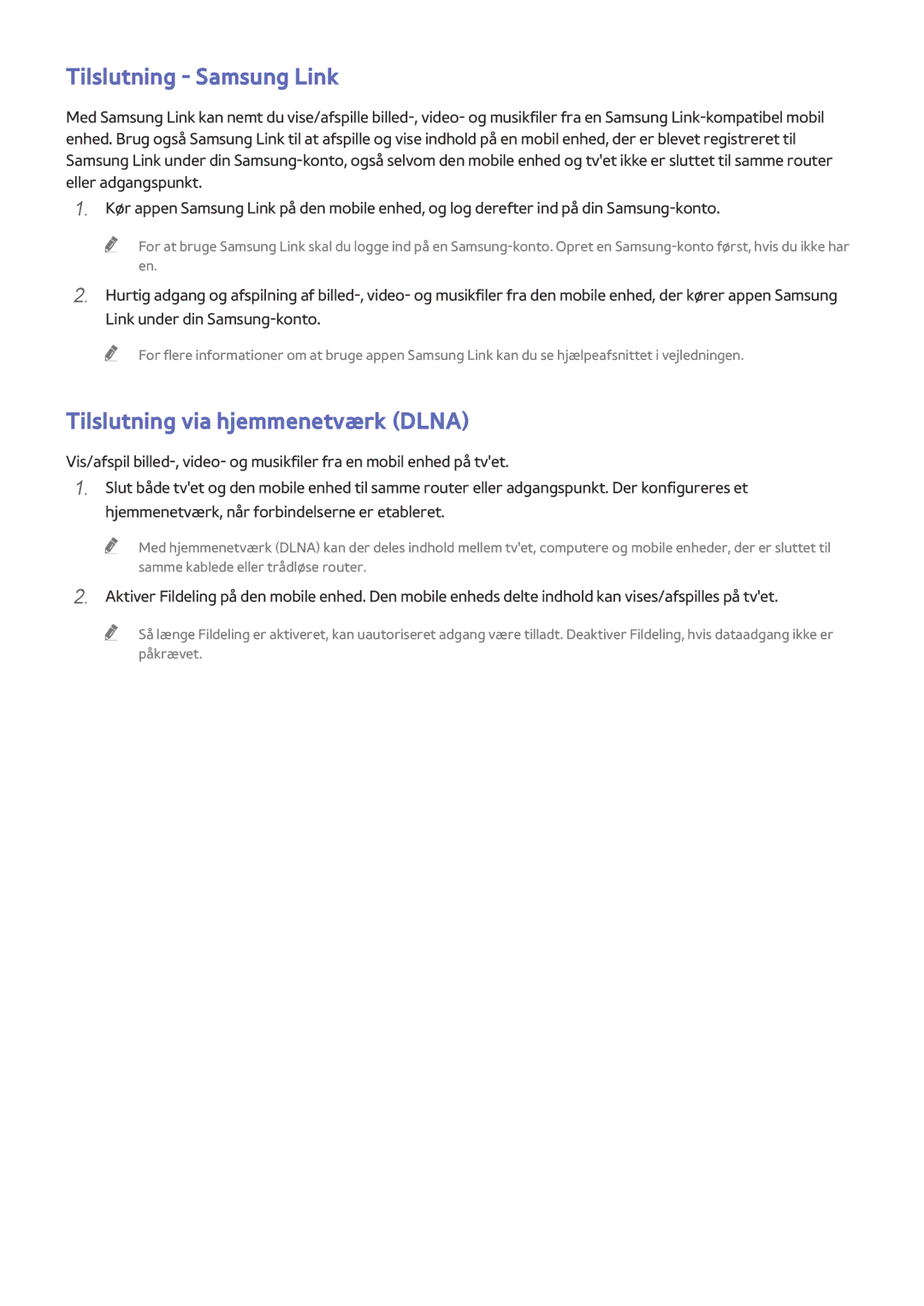 Samsung UE65HU8205TXXE, UE40HU6905UXXE, UE55HU8205TXXE manual Tilslutning Samsung Link, Tilslutning via hjemmenetværk Dlna 