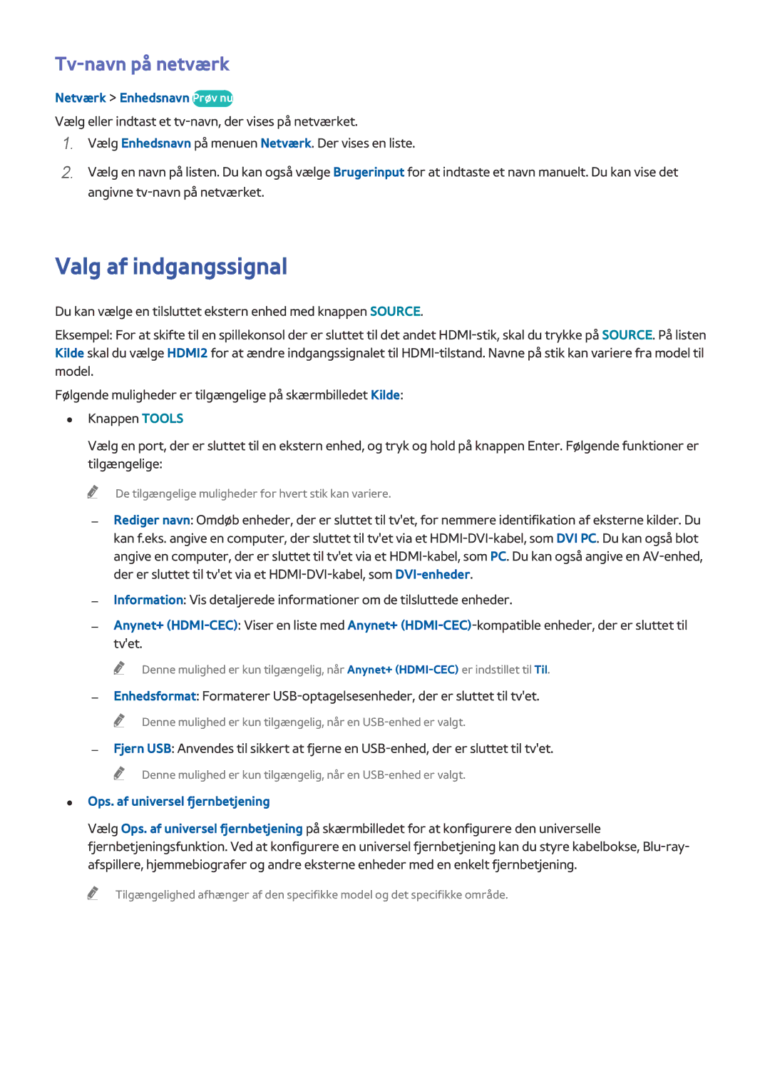 Samsung UE65HU7505TXXE, UE40HU6905UXXE manual Valg af indgangssignal, Tv-navn på netværk, Netværk Enhedsnavn Prøv nu 