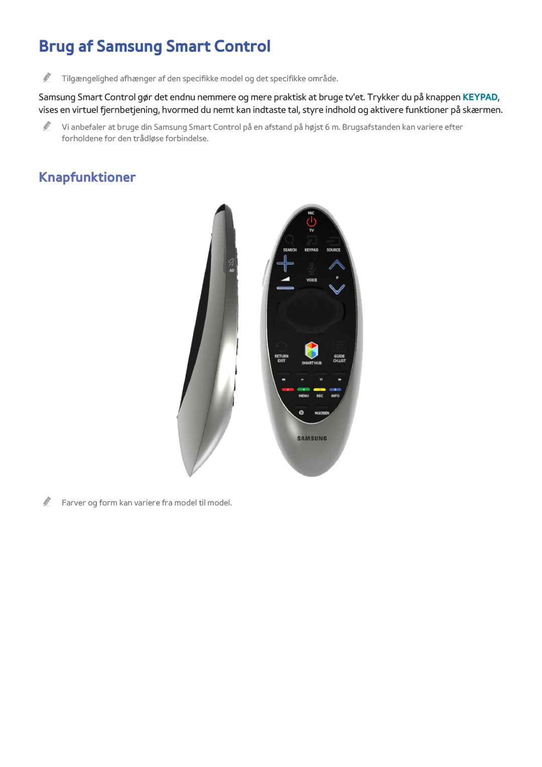 Samsung UE85HU7505TXXE, UE40HU6905UXXE, UE55HU8205TXXE, UE65HU7205UXXE manual Brug af Samsung Smart Control, Knapfunktioner 