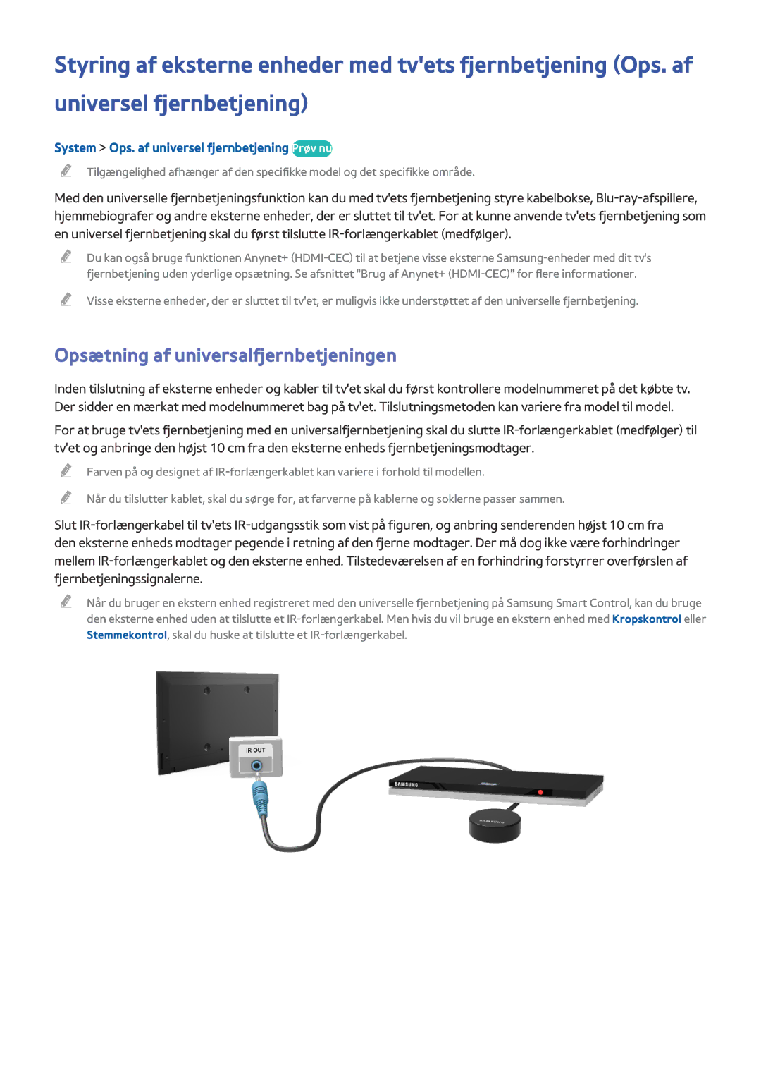 Samsung UE55HU6905UXXE manual Opsætning af universalfjernbetjeningen, System Ops. af universel fjernbetjening Prøv nu 