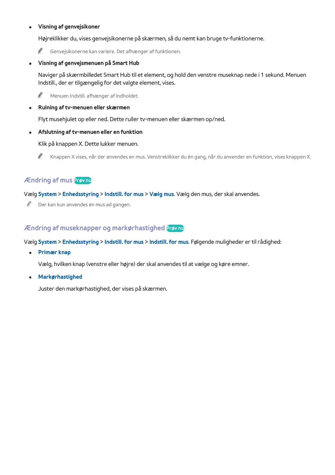 Samsung UE50HU6905UXXE manual Ændring af mus Prøv nu, Ændring af museknapper og markørhastighed Prøv nu, Markørhastighed 