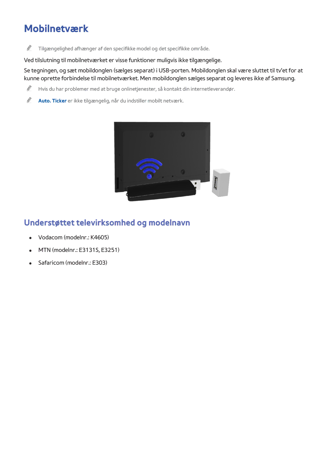 Samsung UE55HU7105UXXE, UE40HU6905UXXE, UE55HU8205TXXE manual Mobilnetværk, Understøttet televirksomhed og modelnavn 