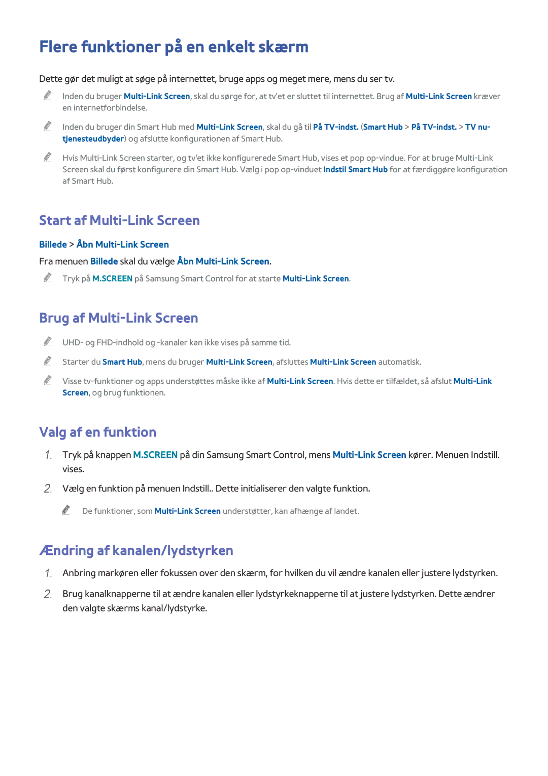 Samsung UE65HU7505TXXE manual Flere funktioner på en enkelt skærm, Start af Multi-Link Screen, Brug af Multi-Link Screen 