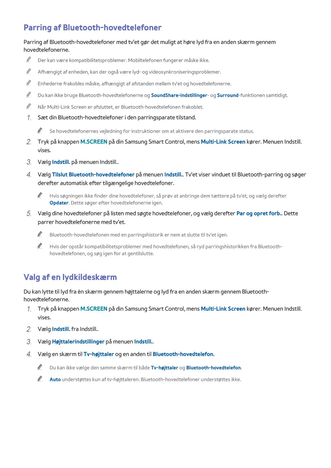 Samsung UE75HU7505TXXE, UE40HU6905UXXE, UE55HU8205TXXE manual Parring af Bluetooth-hovedtelefoner, Valg af en lydkildeskærm 