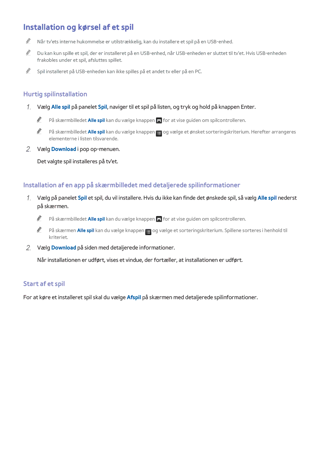 Samsung UE55HU7205UXXE, UE40HU6905UXXE manual Installation og kørsel af et spil, Hurtig spilinstallation, Start af et spil 