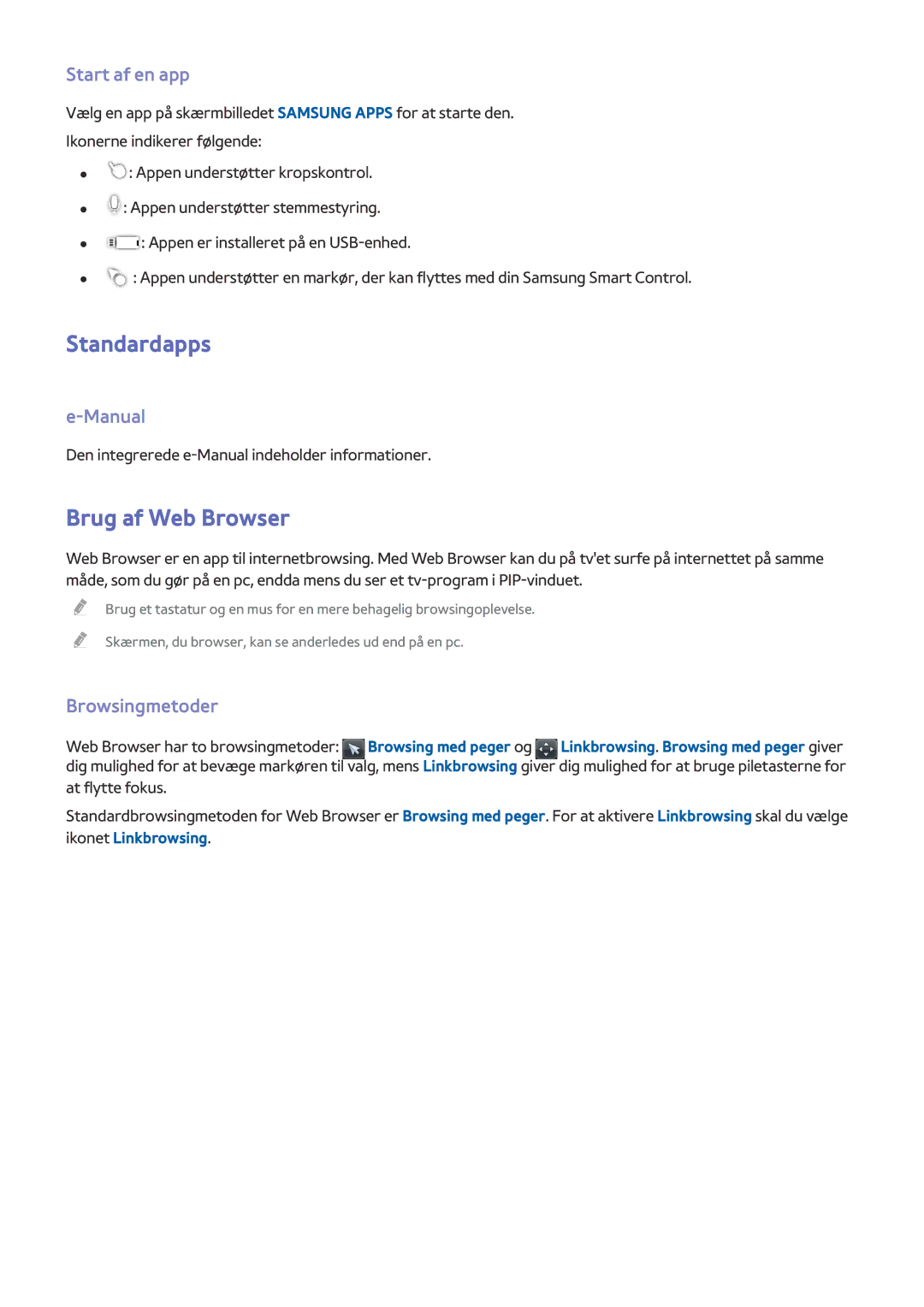 Samsung UE50HU6905UXXE, UE40HU6905UXXE manual Standardapps, Brug af Web Browser, Start af en app, Manual, Browsingmetoder 
