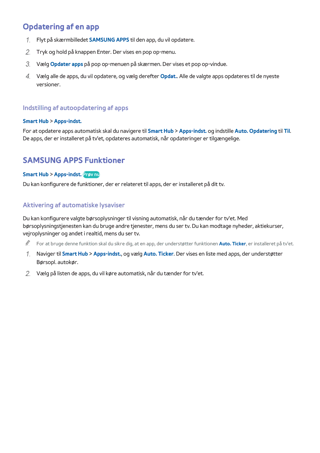 Samsung UE65HU7205UXXE manual Opdatering af en app, Samsung Apps Funktioner, Indstilling af autoopdatering af apps 