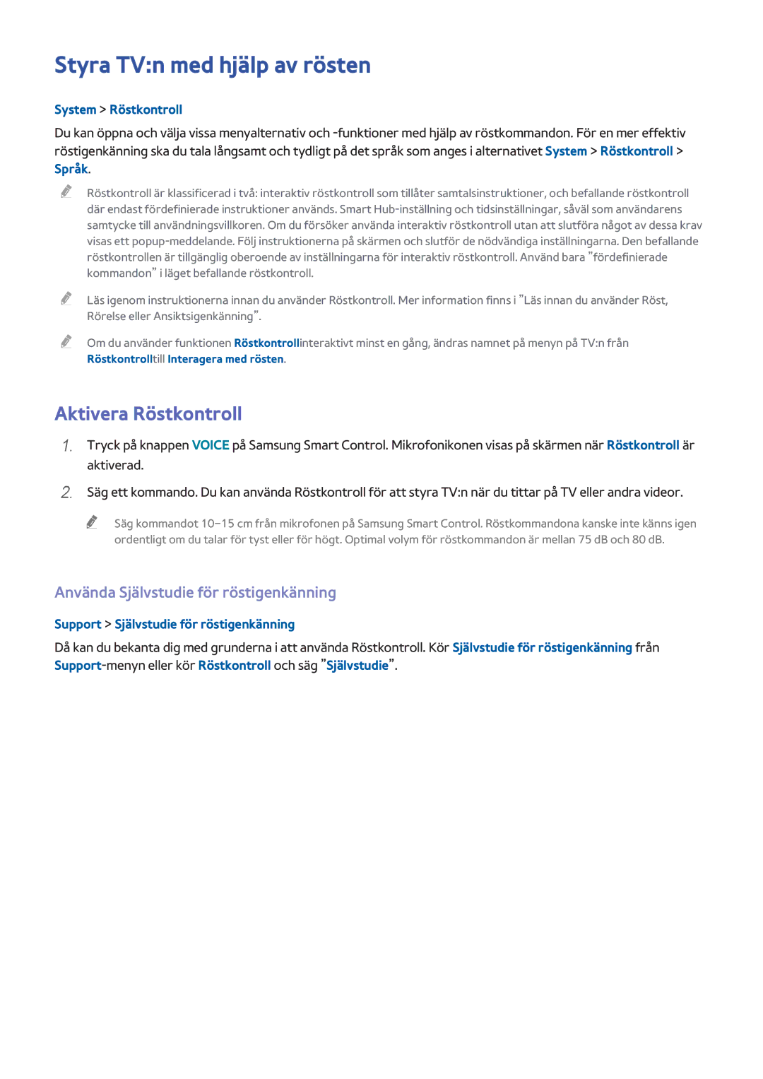 Samsung UE55HU7105UXXE manual Styra TVn med hjälp av rösten, Aktivera Röstkontroll, Använda Självstudie för röstigenkänning 