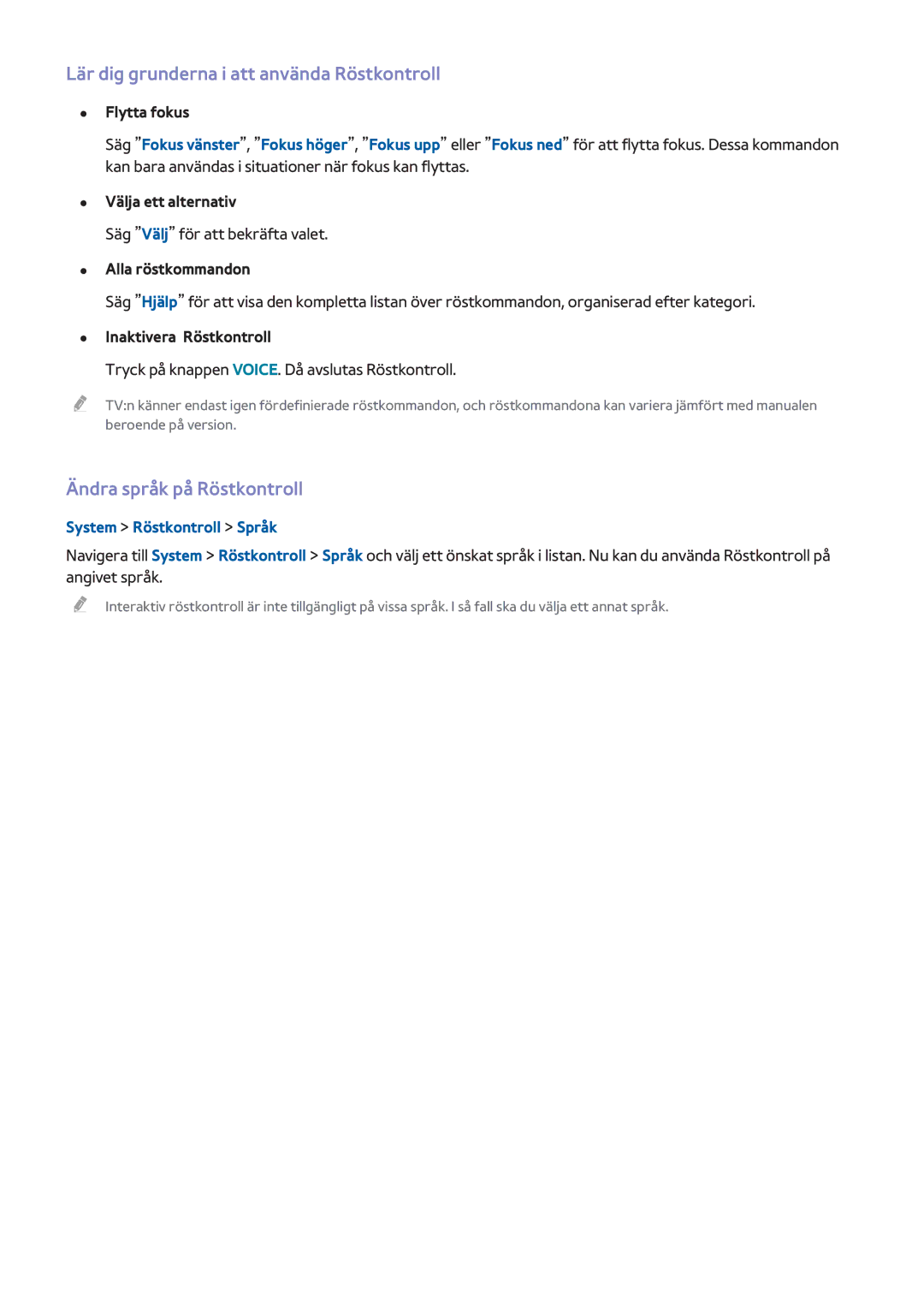 Samsung UE65HU8205TXXE, UE40HU6905UXXE manual Lär dig grunderna i att använda Röstkontroll, Ändra språk på Röstkontroll 