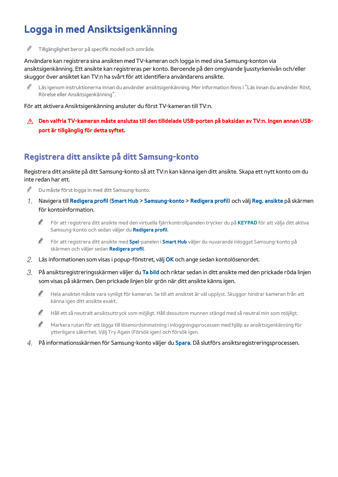 Samsung UE55HU7505TXXE, UE40HU6905UXXE manual Logga in med Ansiktsigenkänning, Registrera ditt ansikte på ditt Samsung-konto 